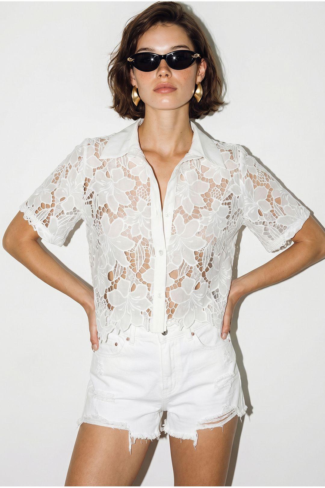Floral Lace Button-Front Shirt by BIANCO LUCCI