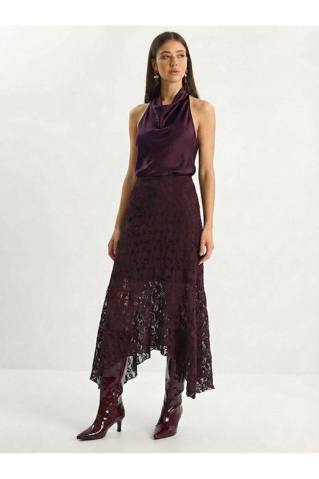 High Waist Lace A-Line Midi Skirt by BIANCO LUCCI