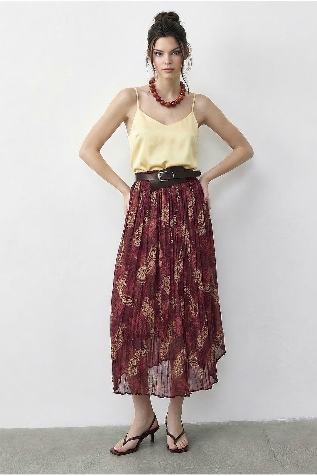 High Waist Paisley Maxi Skirt with Belt by BIANCO LUCCI