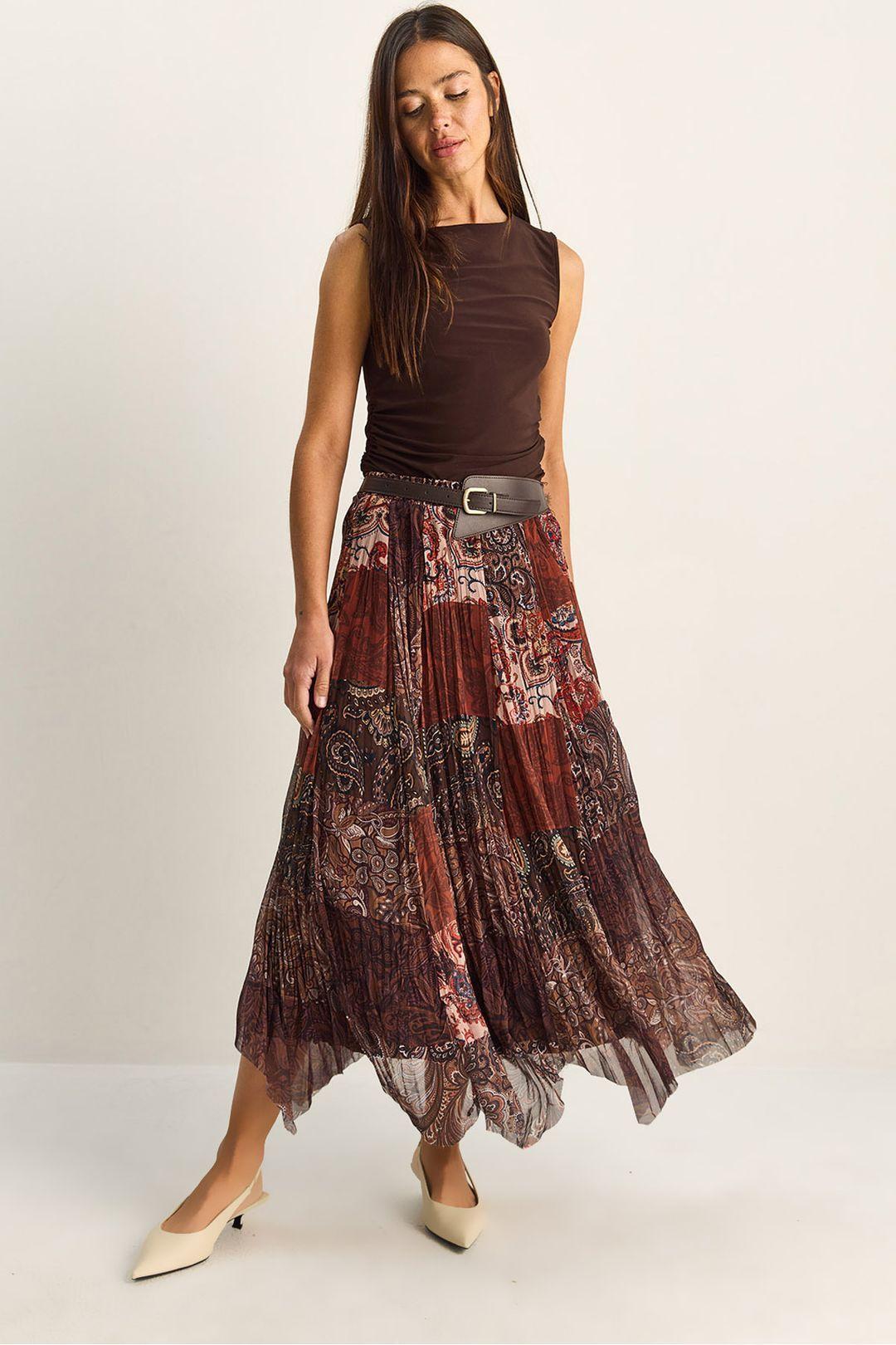 High Waist Paisley Print Midi Skirt with Belt by BIANCO LUCCI