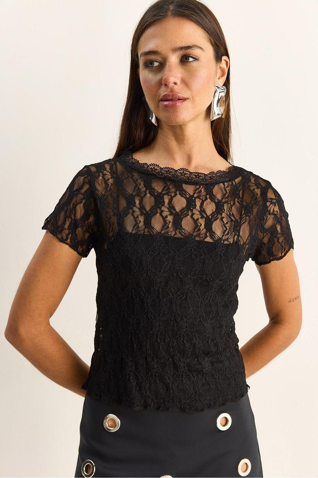 Lace Crew Neck Blouse by BIANCO LUCCI