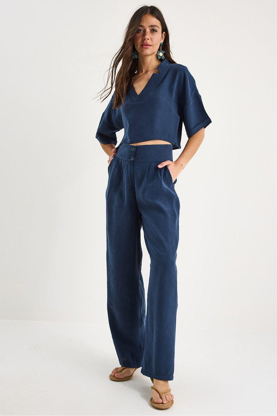 Long V-Neck Buttoned Two-Piece Co-Ord Set by BIANCO LUCCI