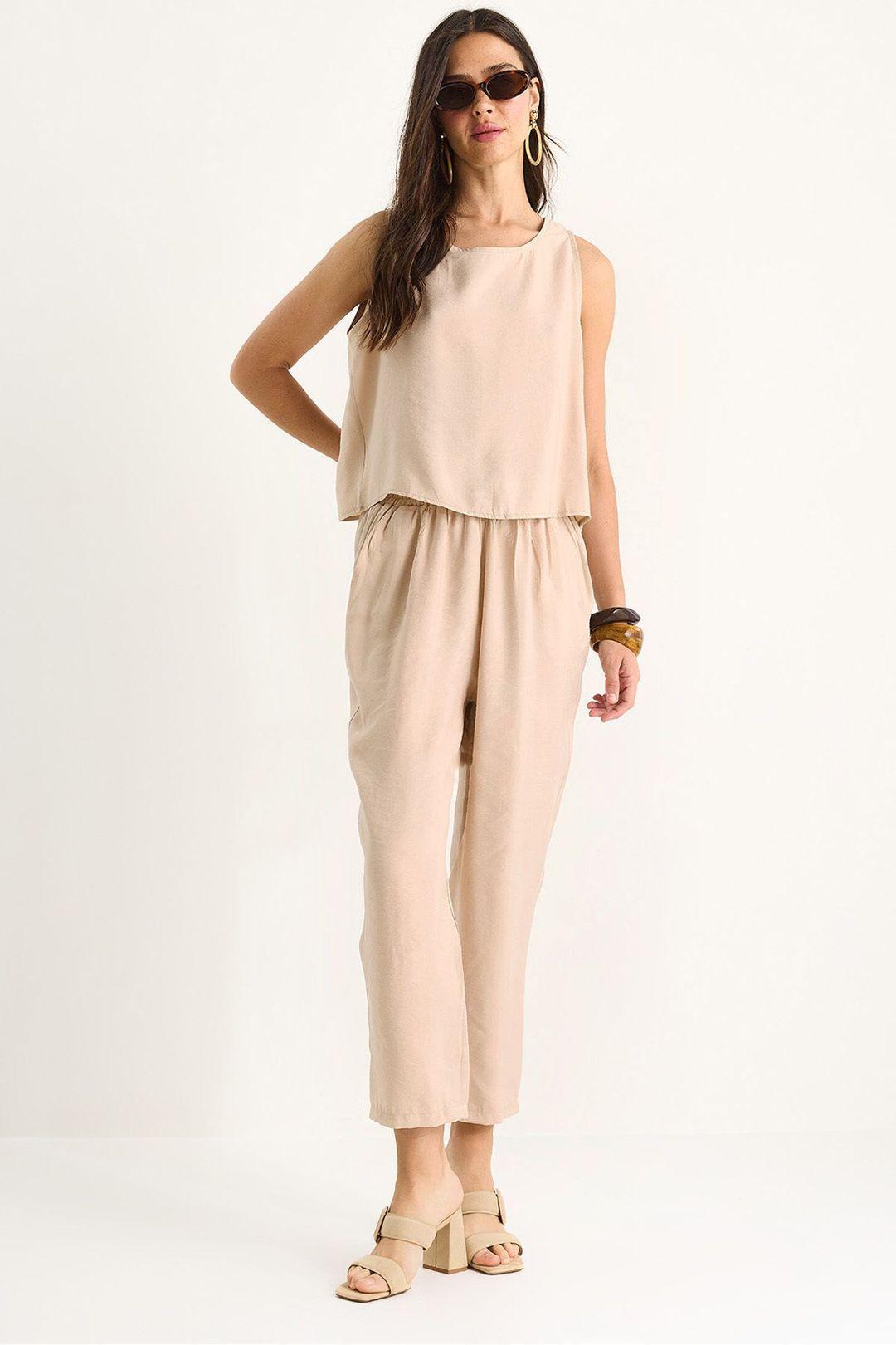 Sleeveless Crew Neck Blouse and Carrof Fıt Pants Set by BIANCO LUCCI