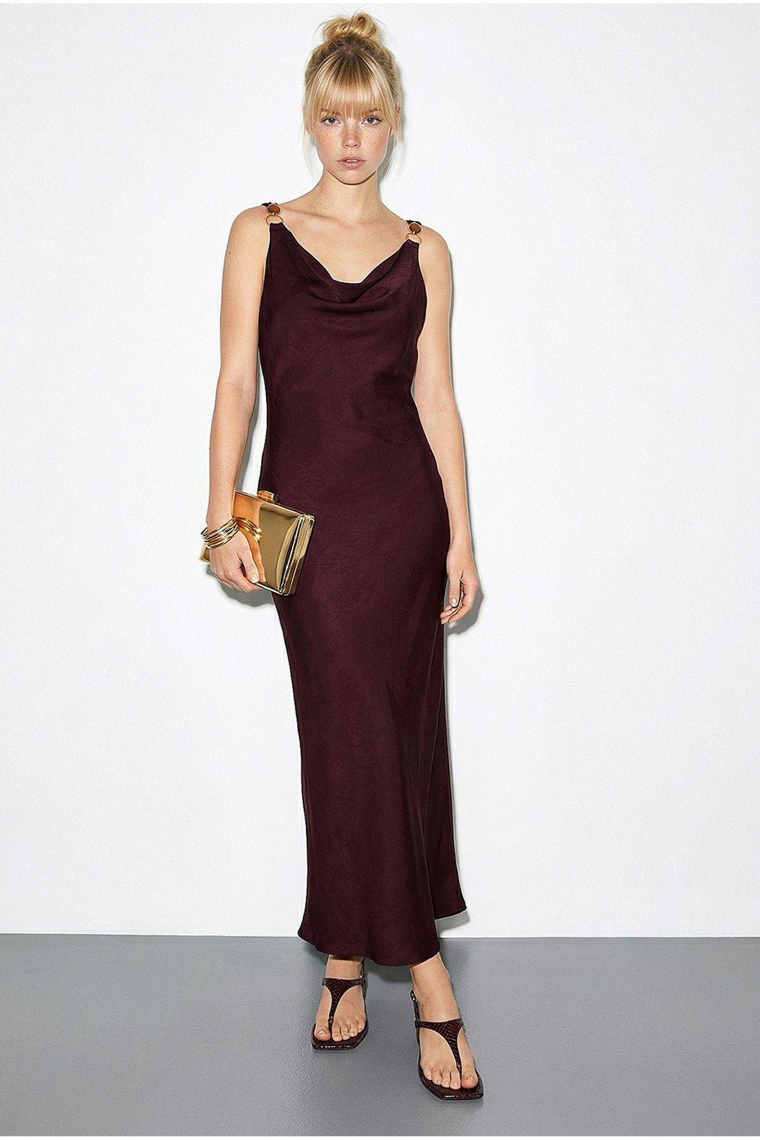 Sleeveless Satin Maxi Slip Dress with Cowl Neck and Accessory Detail by BIANCO LUCCI
