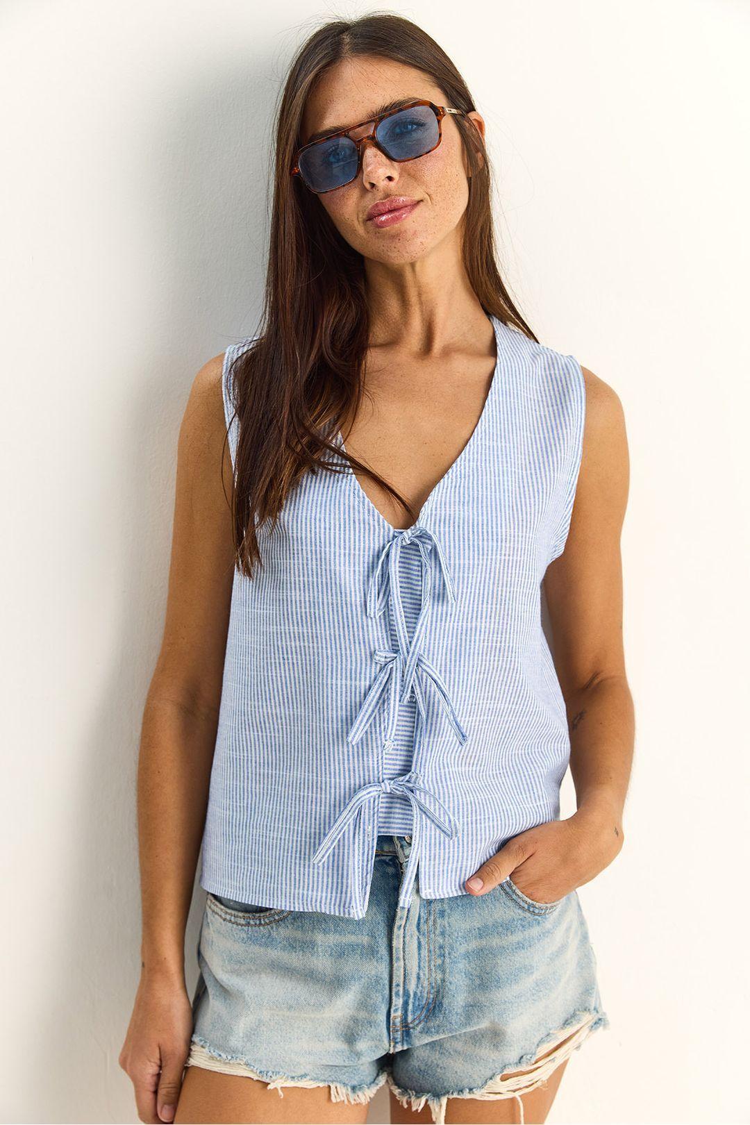 Striped V-Neck Blouse with Tie Detail by BIANCO LUCCI