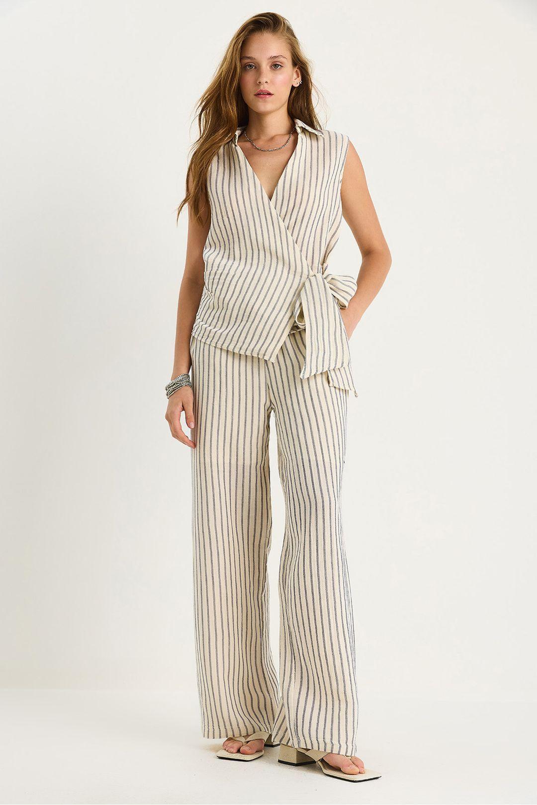 Striped V-Neck Buttoned High Waist Wide Leg Two-Piece Set by BIANCO LUCCI
