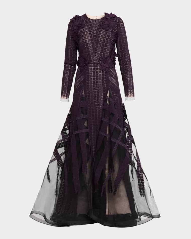 Flocked Floral Lace Long-Sleeve Godet Gown by BIBHU MOHAPATRA