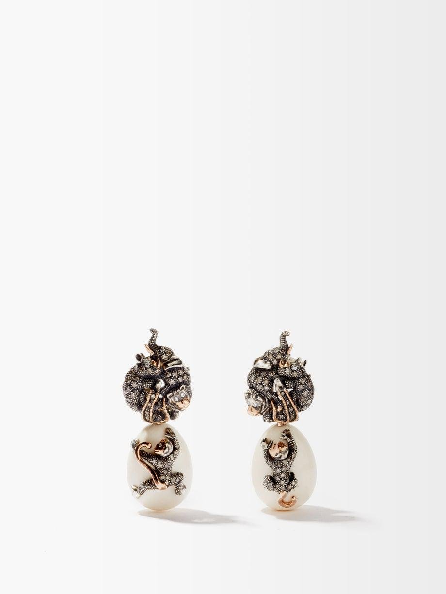 Monkey and Mammoth-egg diamond & silver earrings by BIBI VAN DER VELDEN