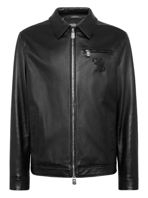 embroidered-logo leather jacket by BILLIONAIRE