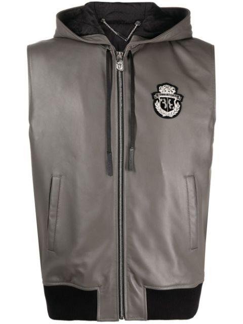 sleeveless hoodied leather zip vest by BILLIONAIRE