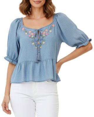 Petal Song Embroidered Denim Top by BILLY T