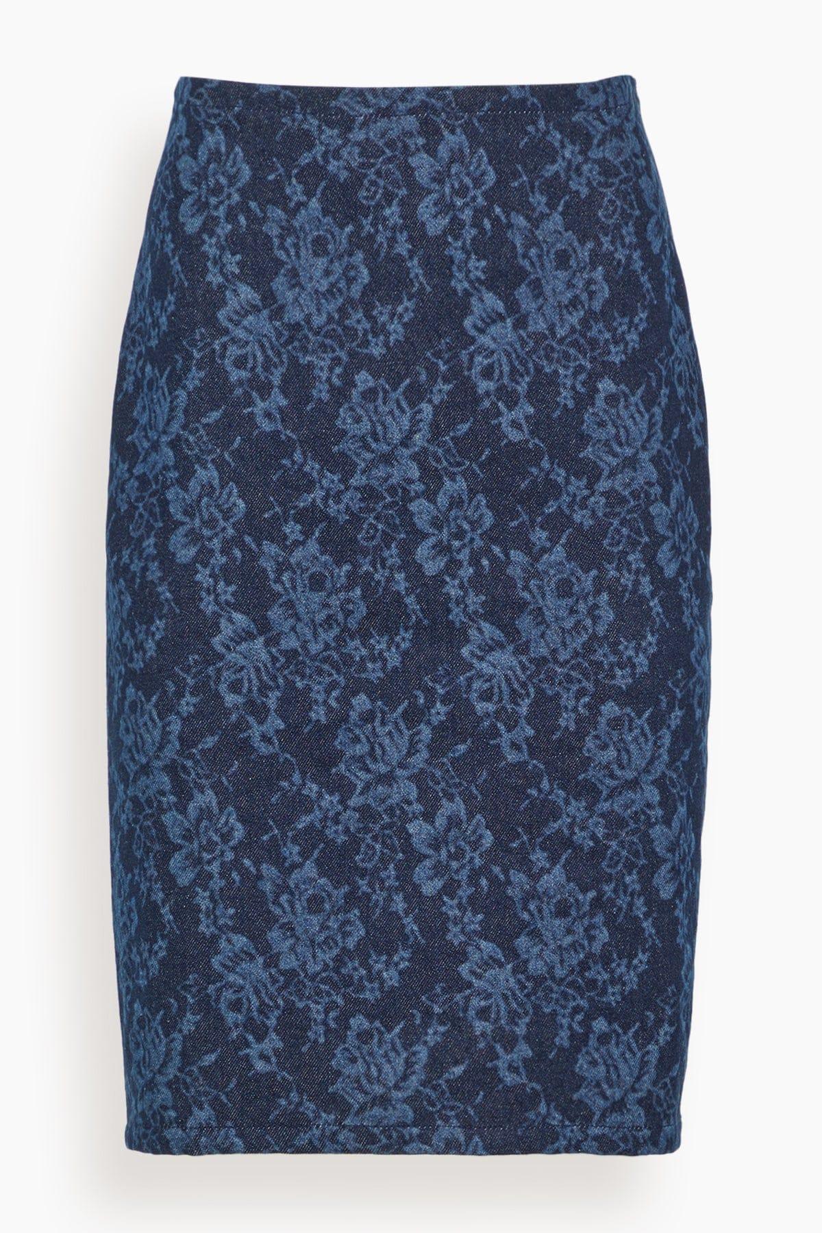 Lace Print Denim Skirt in Washed Dark Blue by BITE STUDIOS