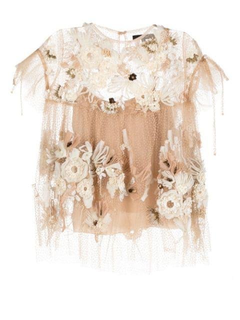 flower-applique detail sheer blouse by BIYAN