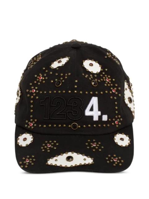 Monumental stud-embellished leather-appliqué hat by BLDG4