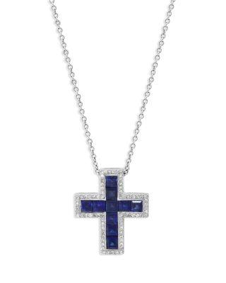 Sapphire and Diamond Cross Pendant Necklace in 14K White Gold by BLOOMINGDALE'S FINE COLLECTION