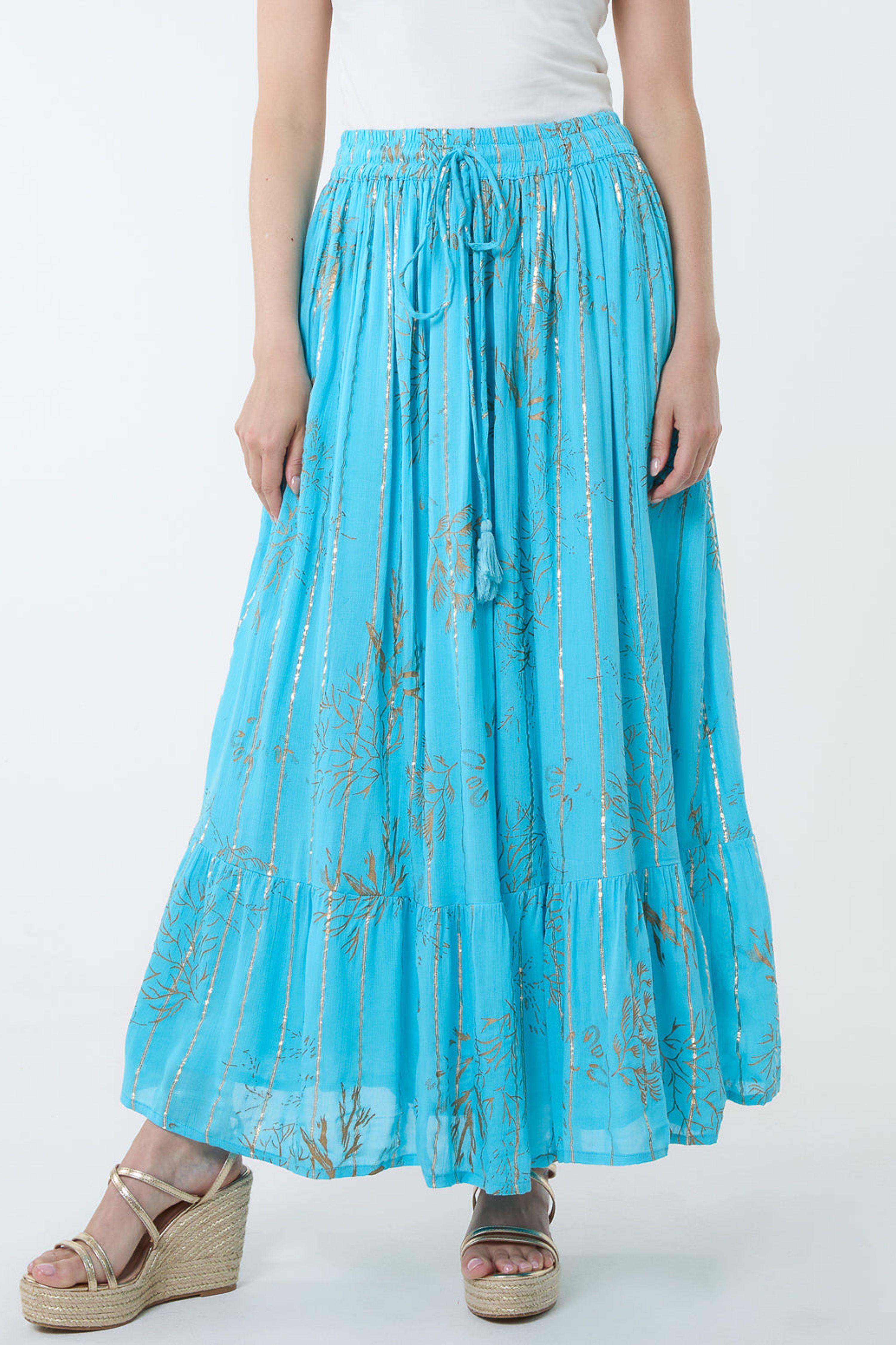 Aqua Gold Foil Print Peplum Hem Skirt by BLUE VANILLA