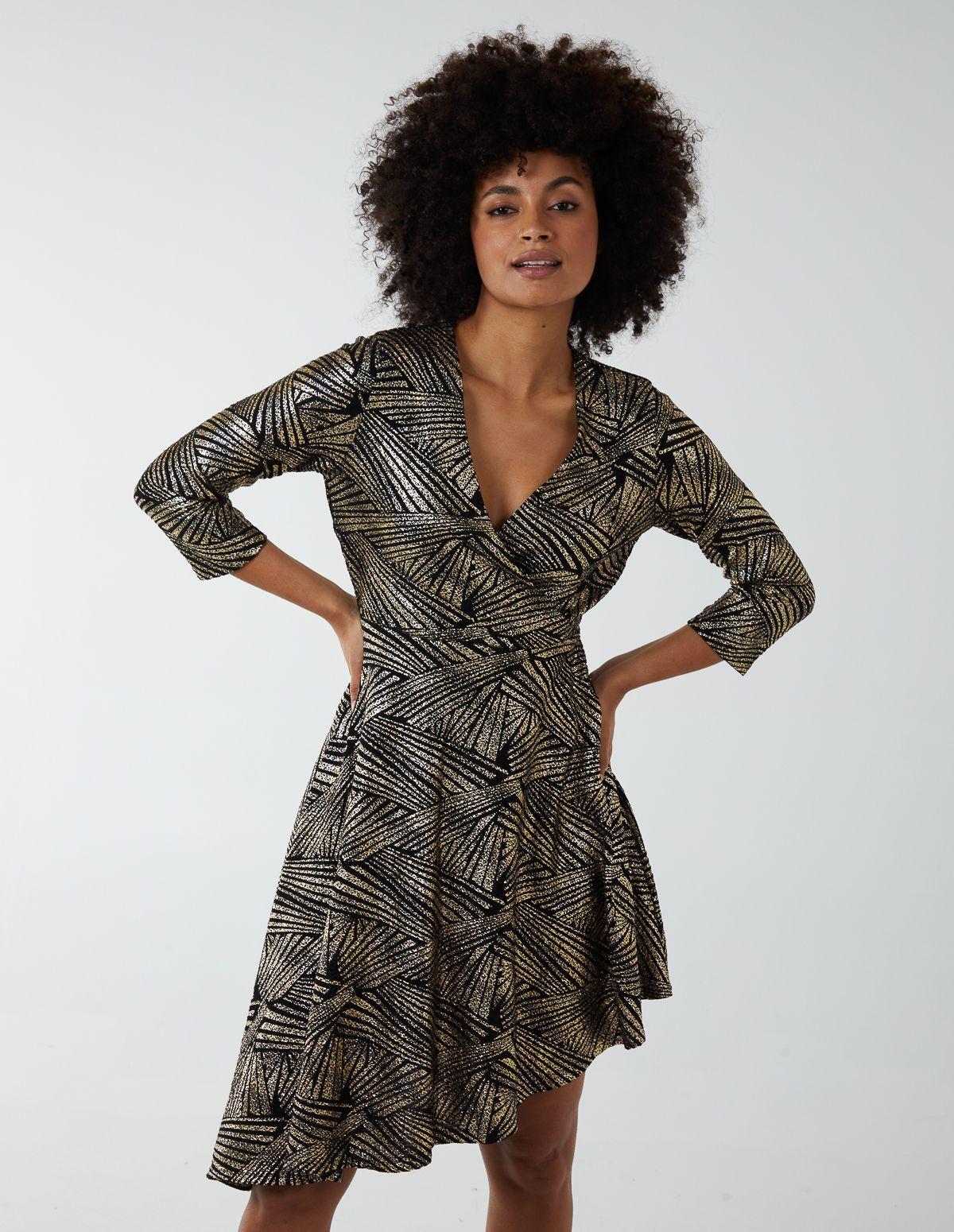 Asymmetric Metallic Animal Foil Wrap Dress by BLUE VANILLA