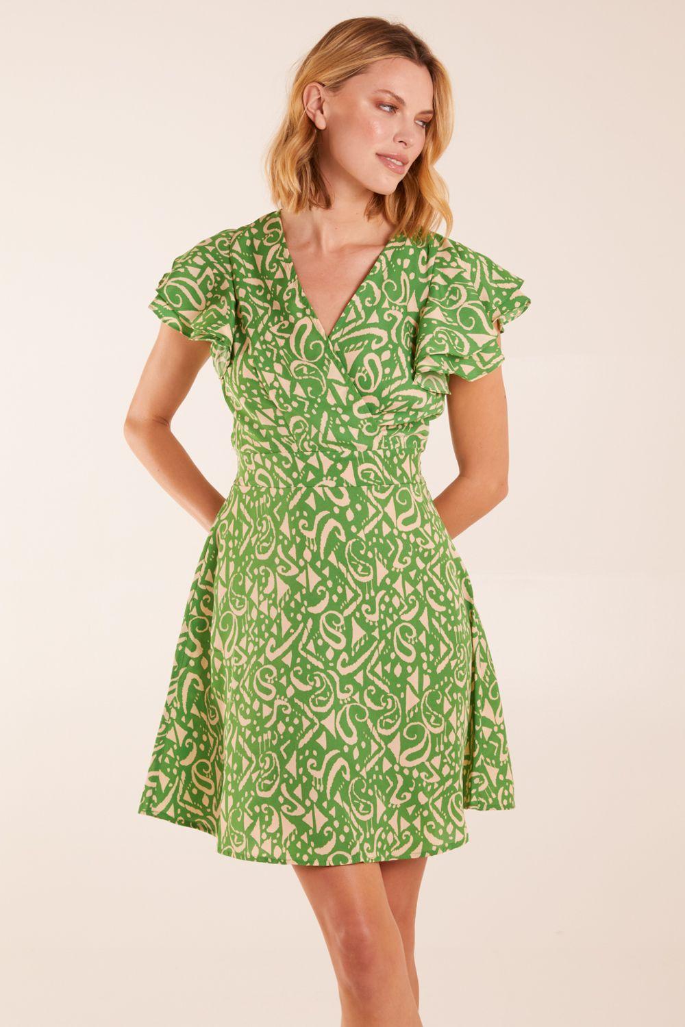 Aztec Wrap Ruffle Frill Sleeve Mini Dress by BLUE VANILLA