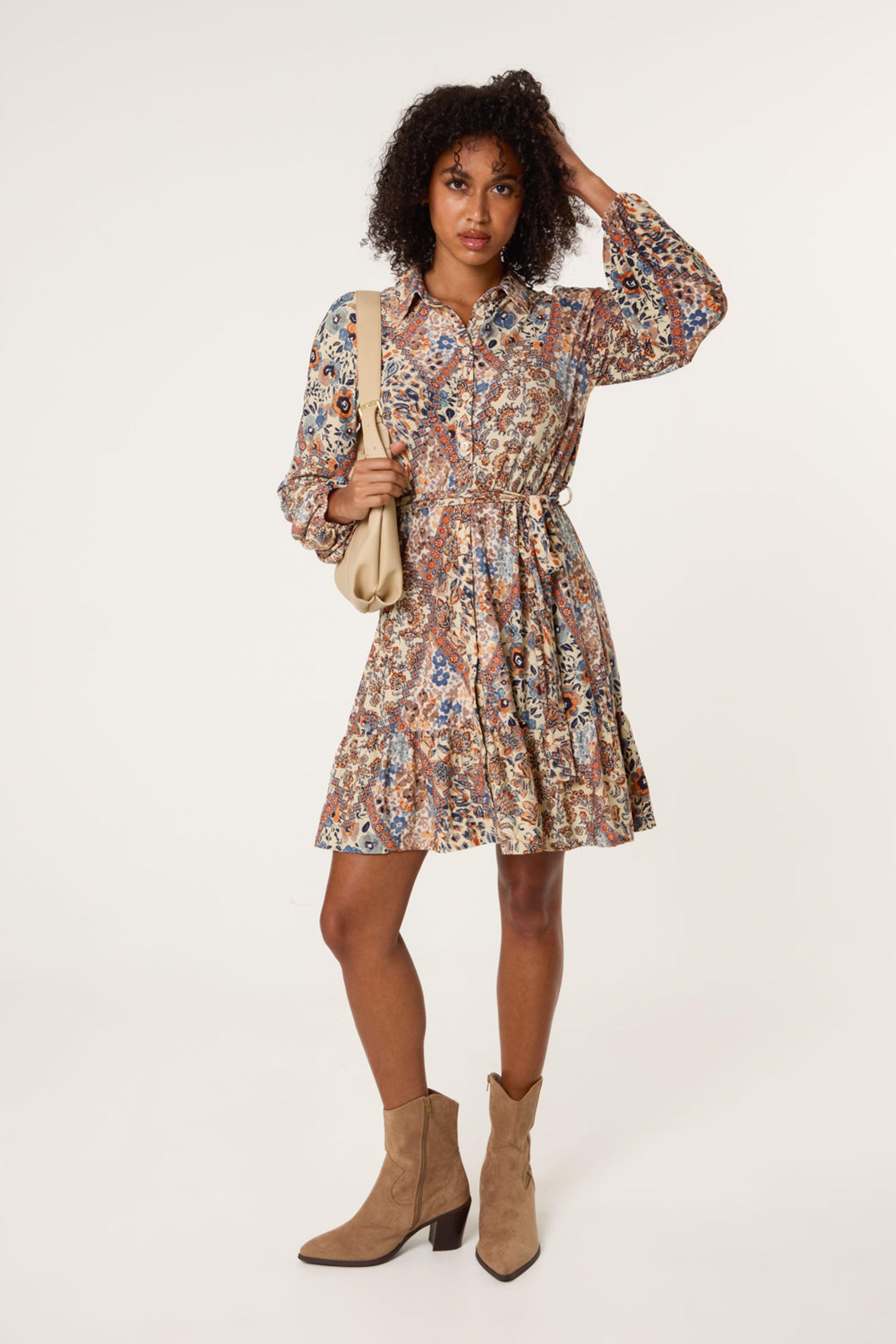 Beige Belted Mini Shirt Dress by BLUE VANILLA