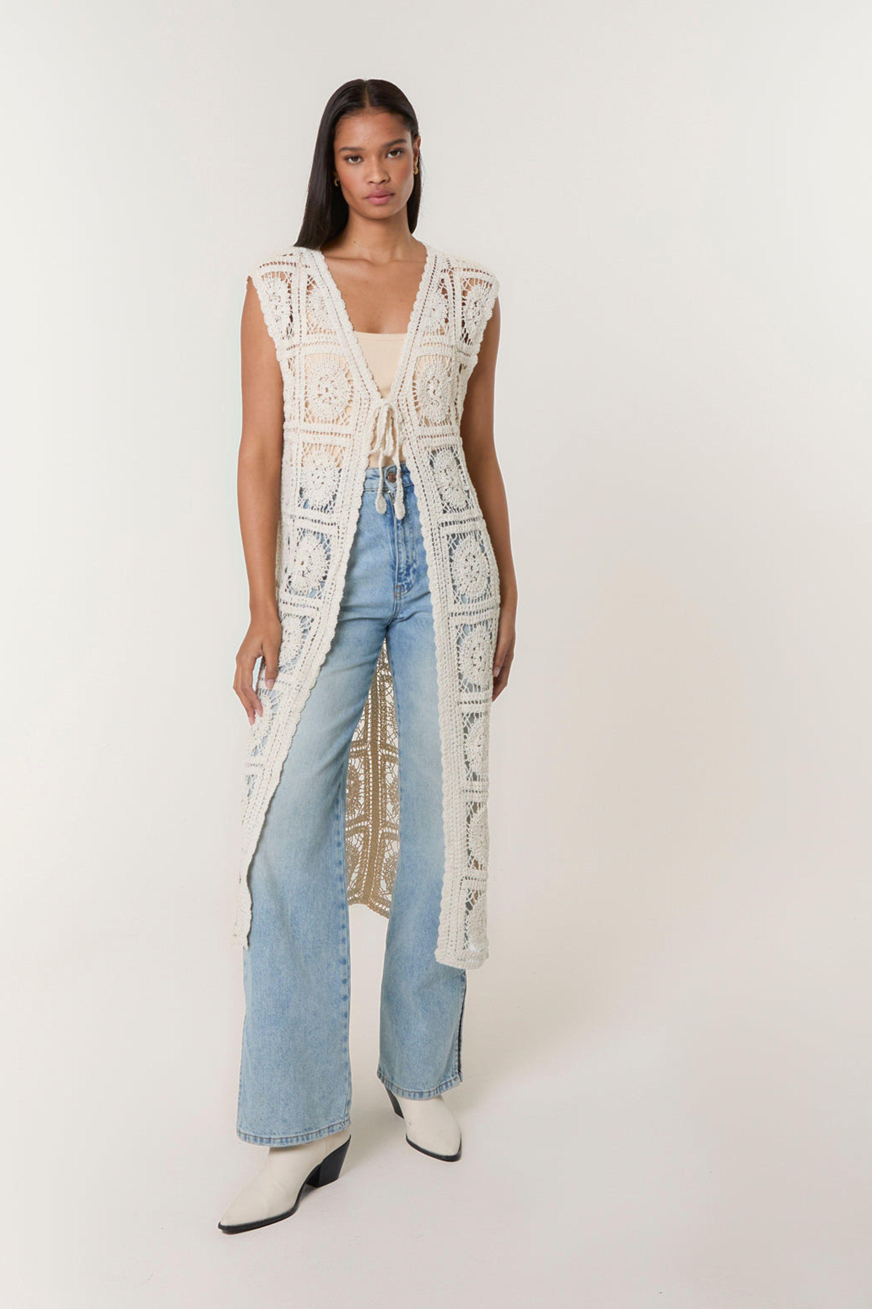 Beige Crochet Detailed Tie Front Cardigan by BLUE VANILLA