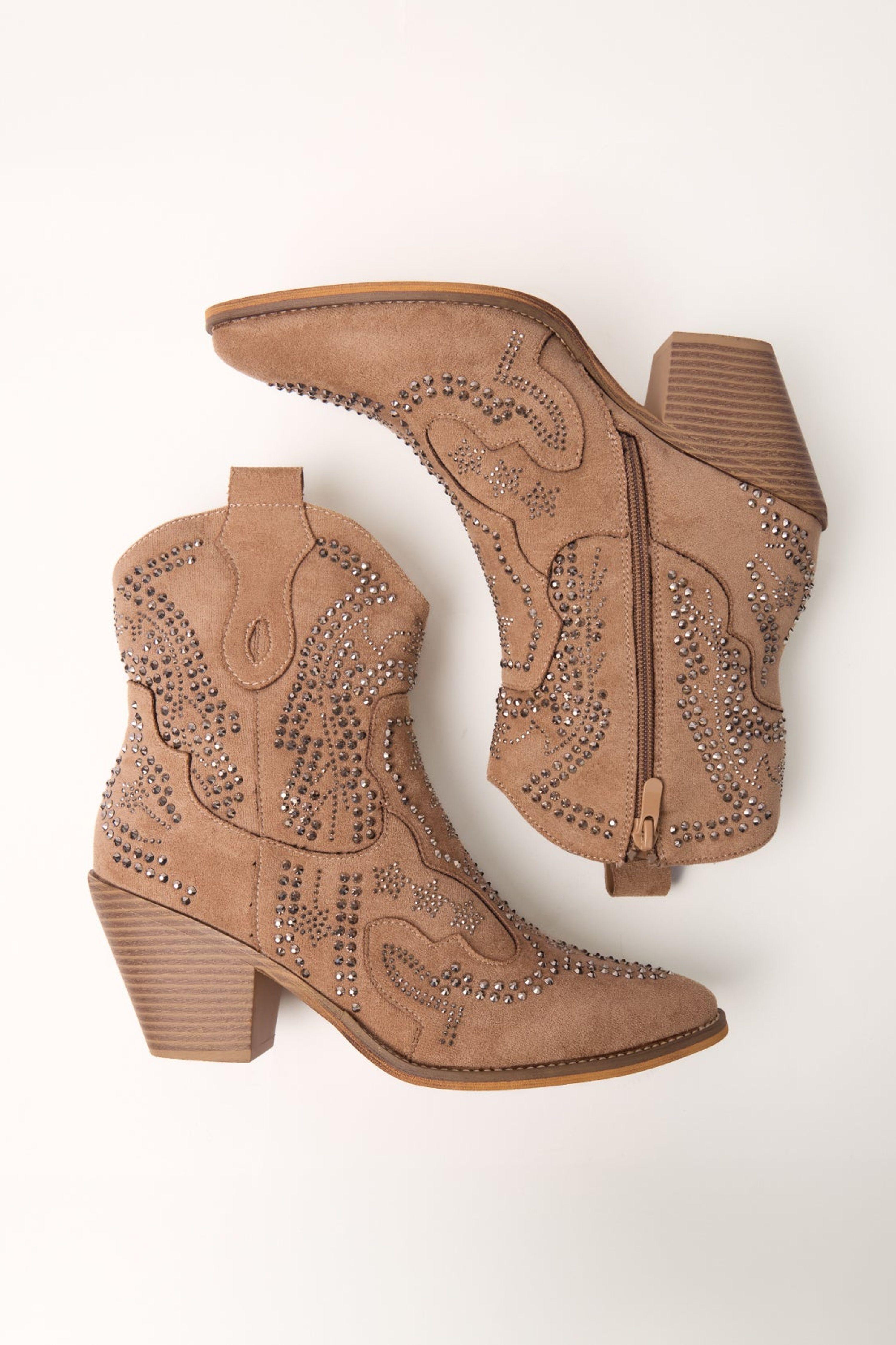 Beige Diamante Cowboy Boots by BLUE VANILLA