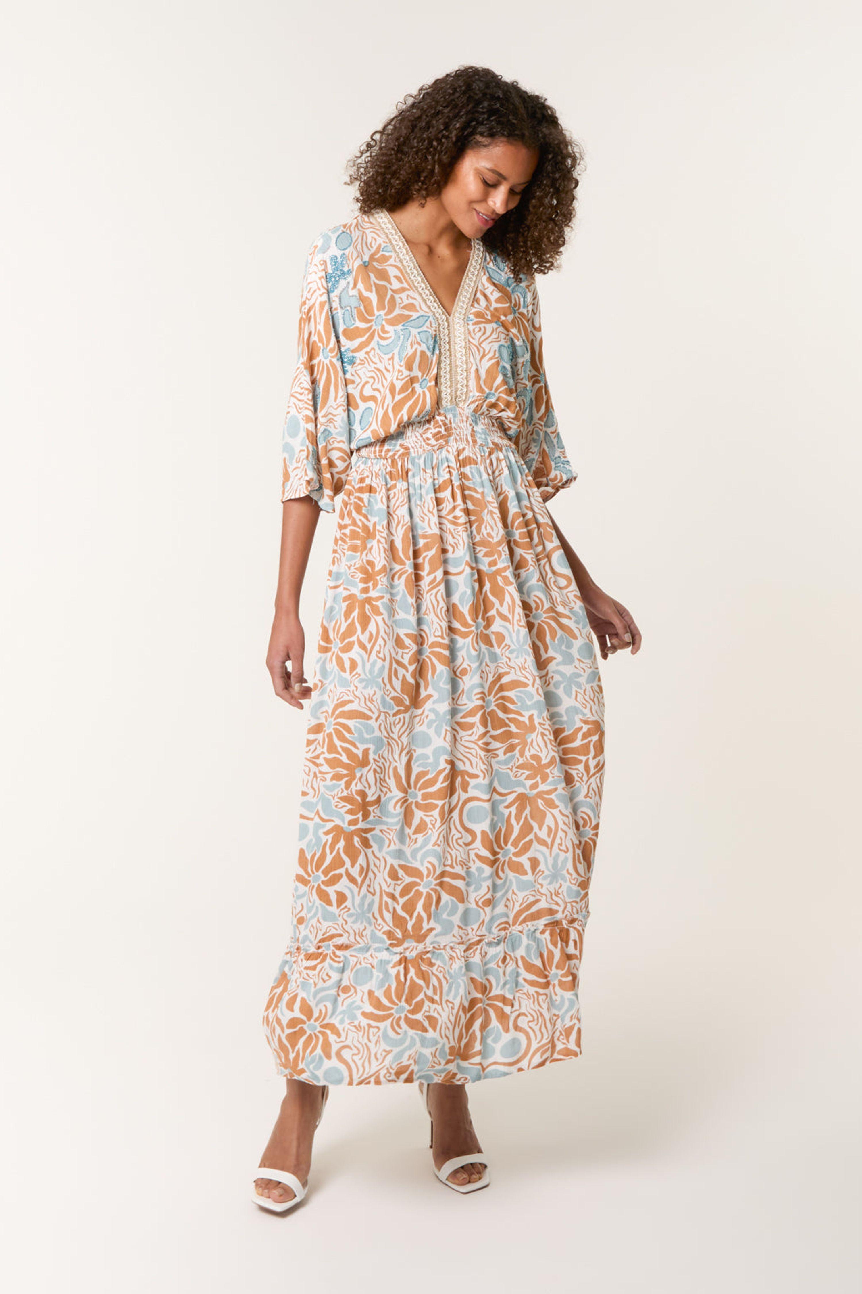 Beige Embellished V Front & Back Maxi Dress by BLUE VANILLA