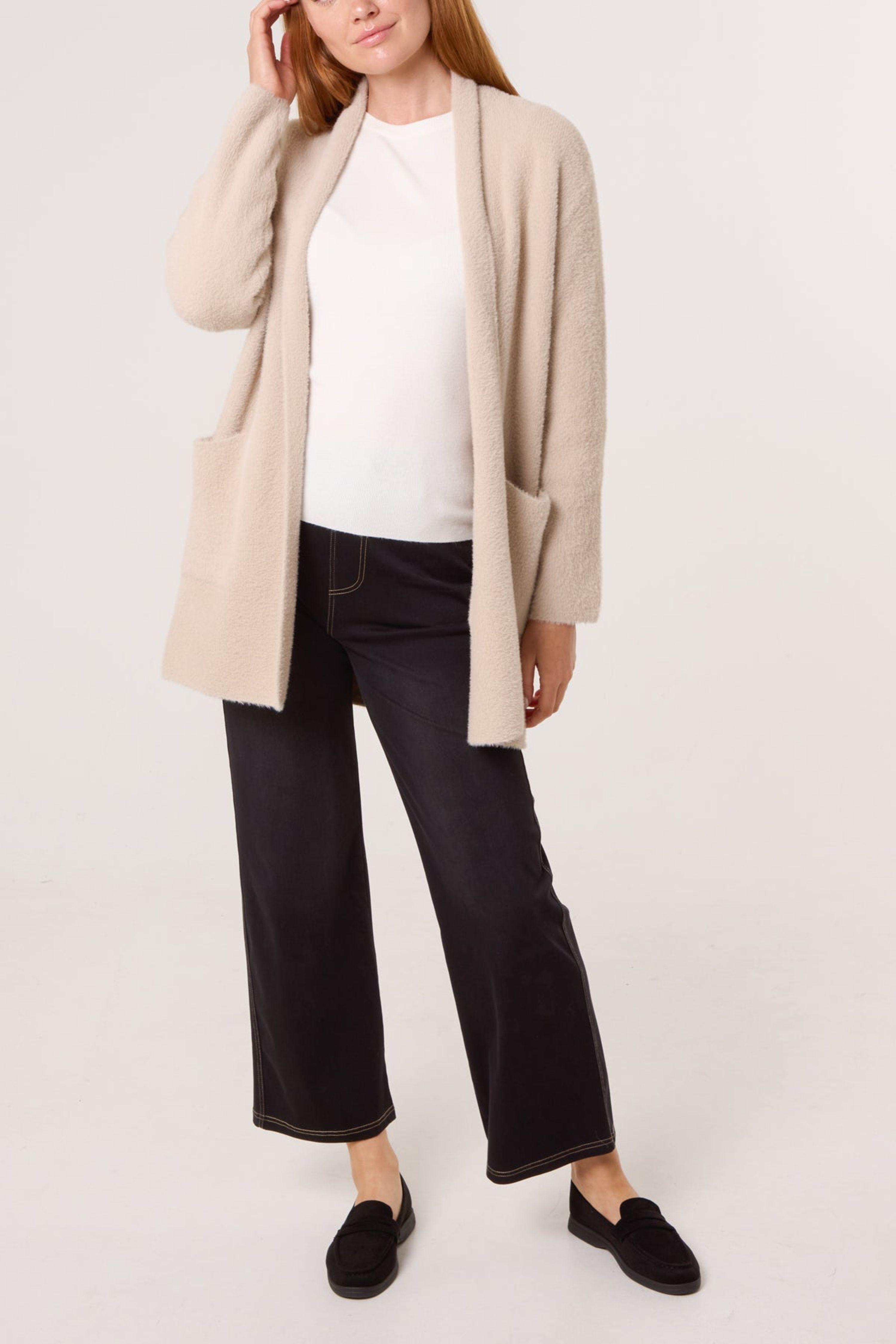 Beige Fluffy Fleece Open Midi Cardigan by BLUE VANILLA