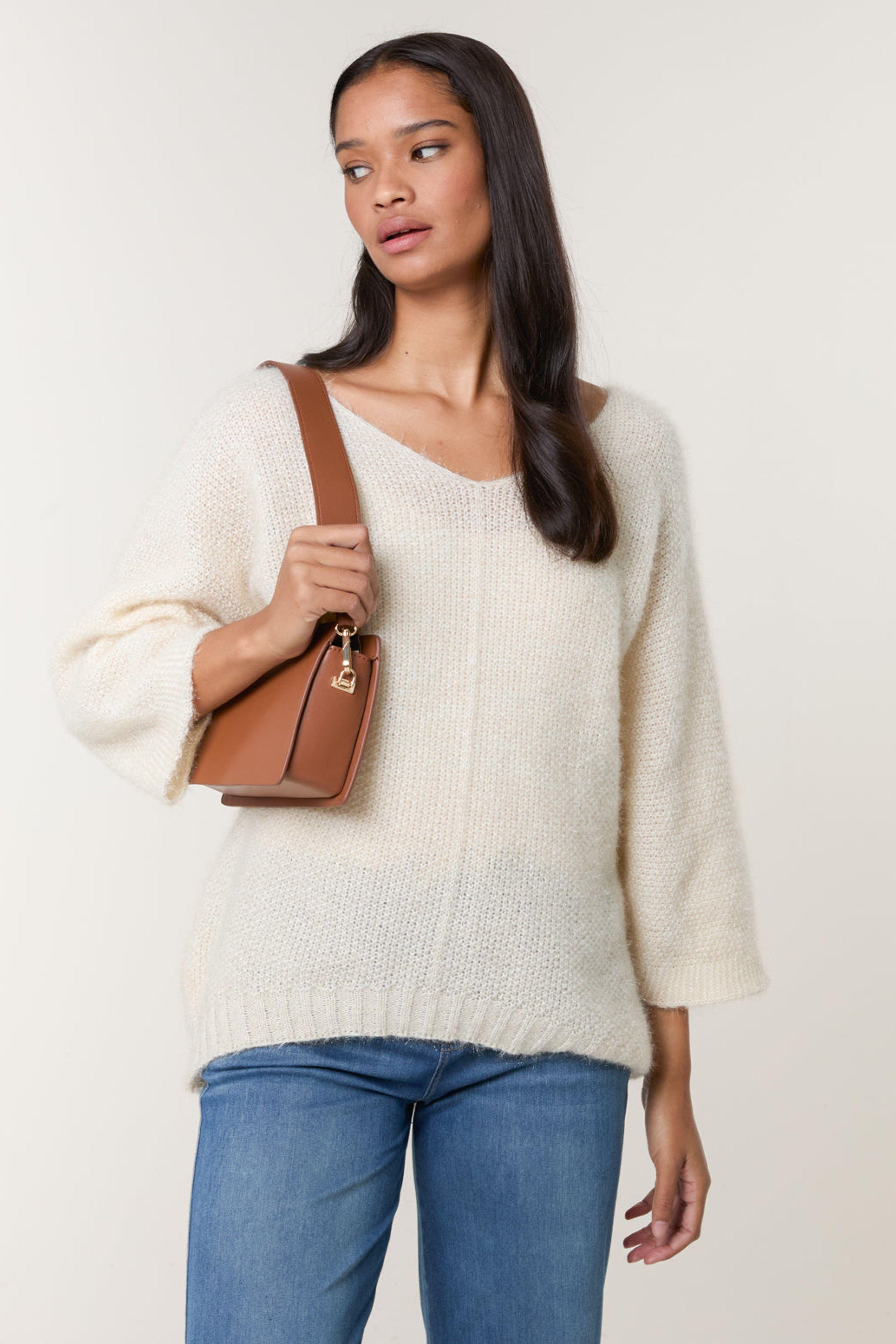 Beige Fluffy Textured V Neck Jumper by BLUE VANILLA