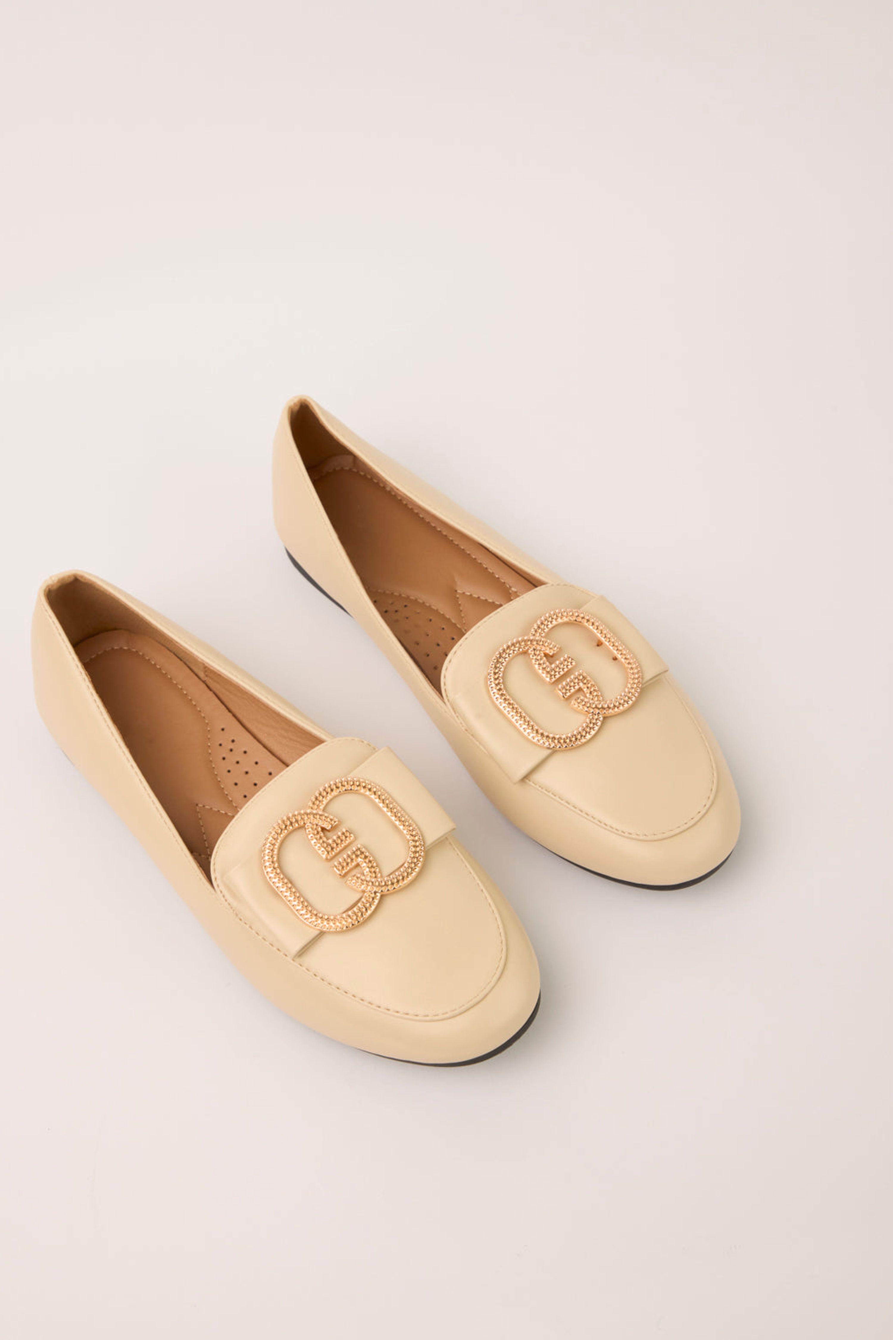 Beige Gold Ring Detail Loafers by BLUE VANILLA