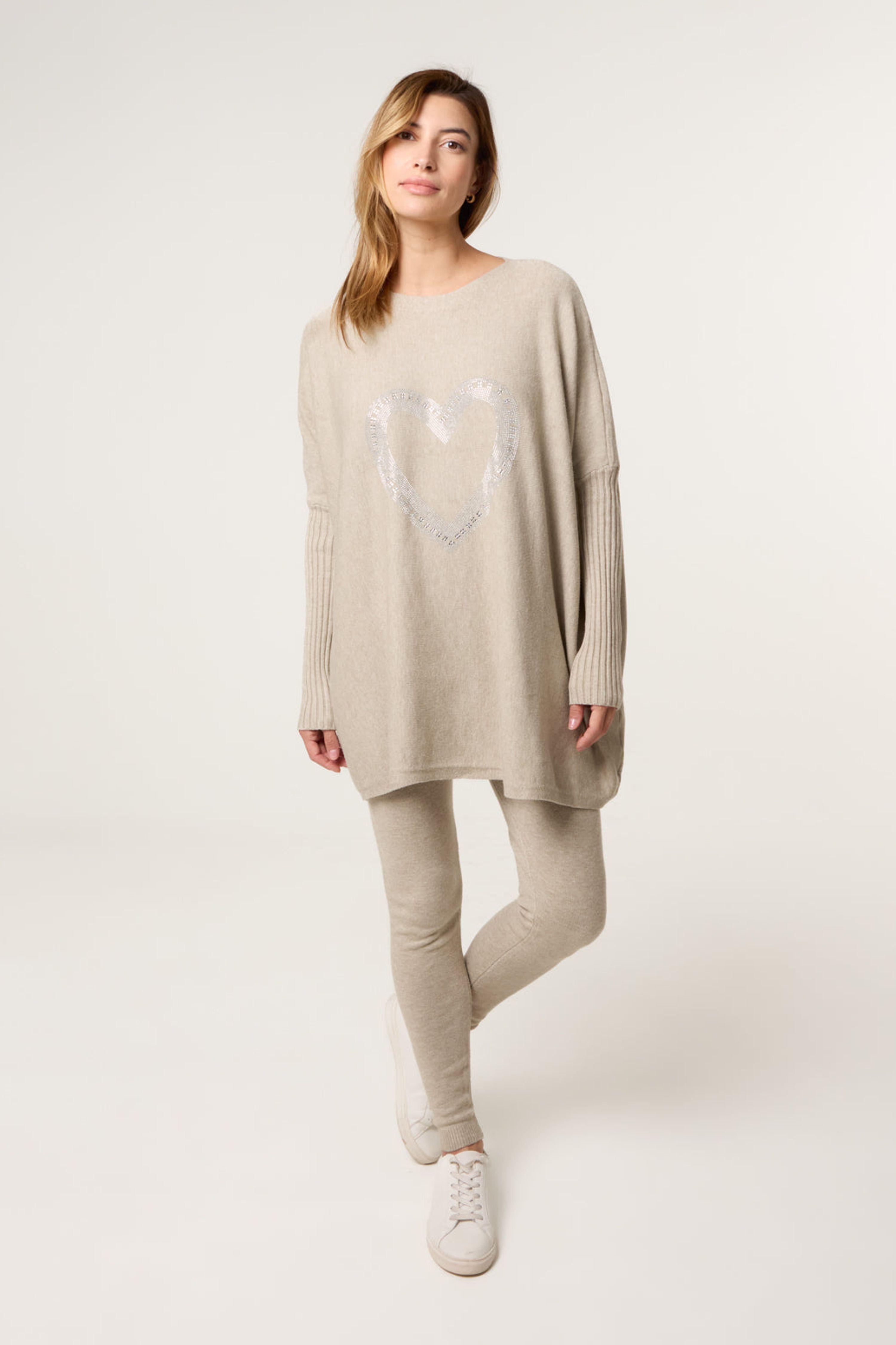 Beige Heart Diamante Oversized Jumper by BLUE VANILLA