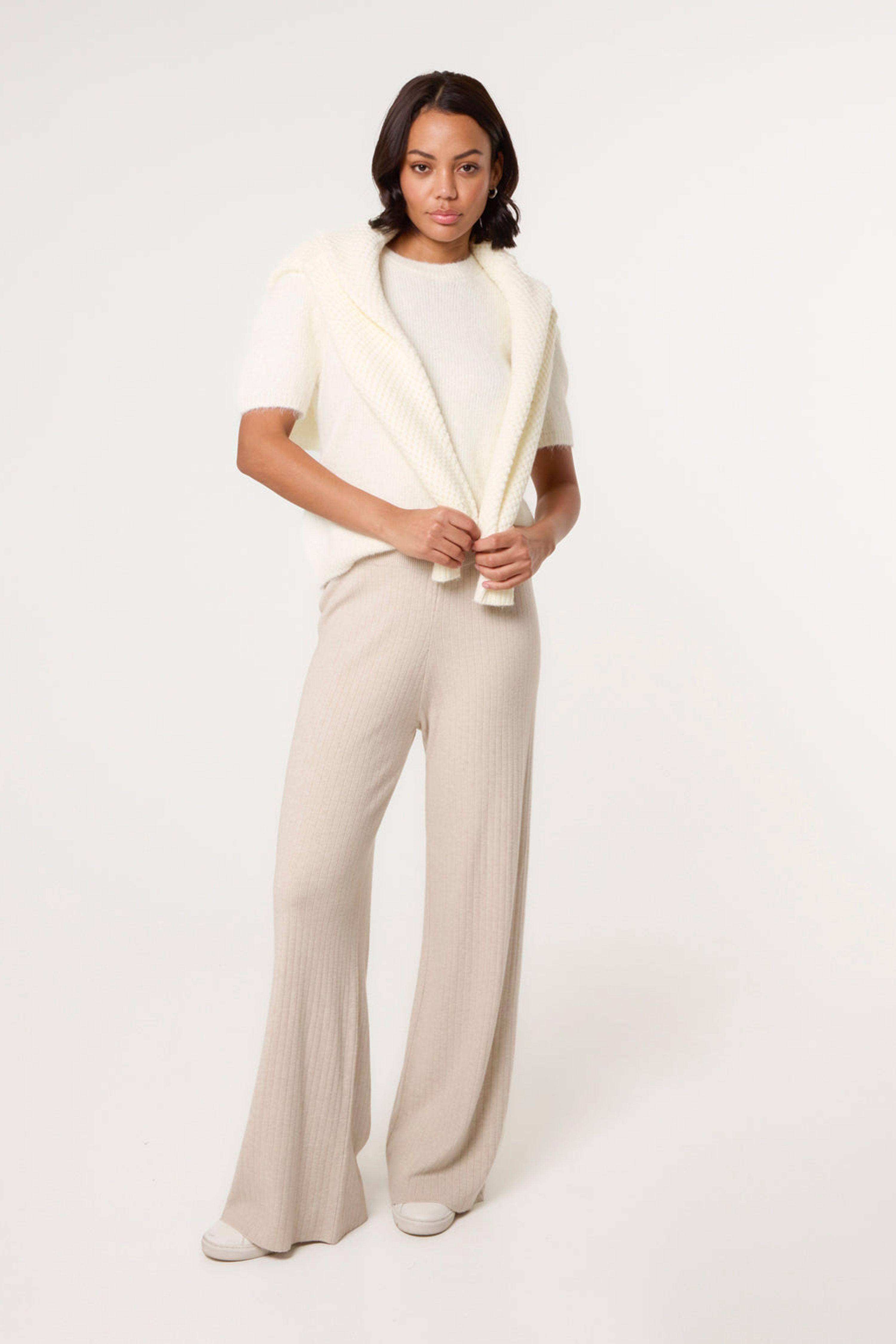 Beige Ribbed Wide Leg Trousers by BLUE VANILLA