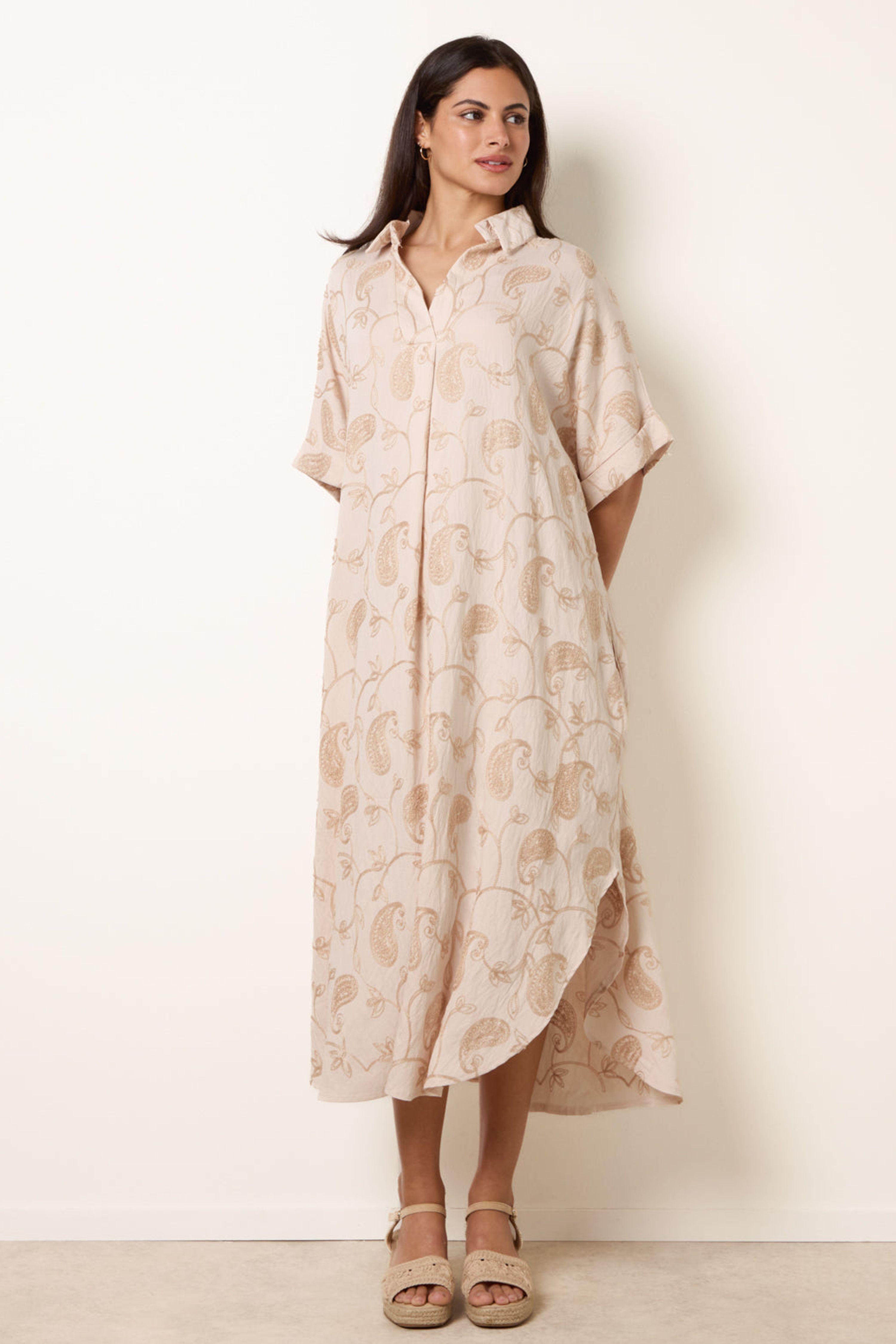 Beige Tunic Style Button Front Dress With Paisley Embroidery by BLUE VANILLA