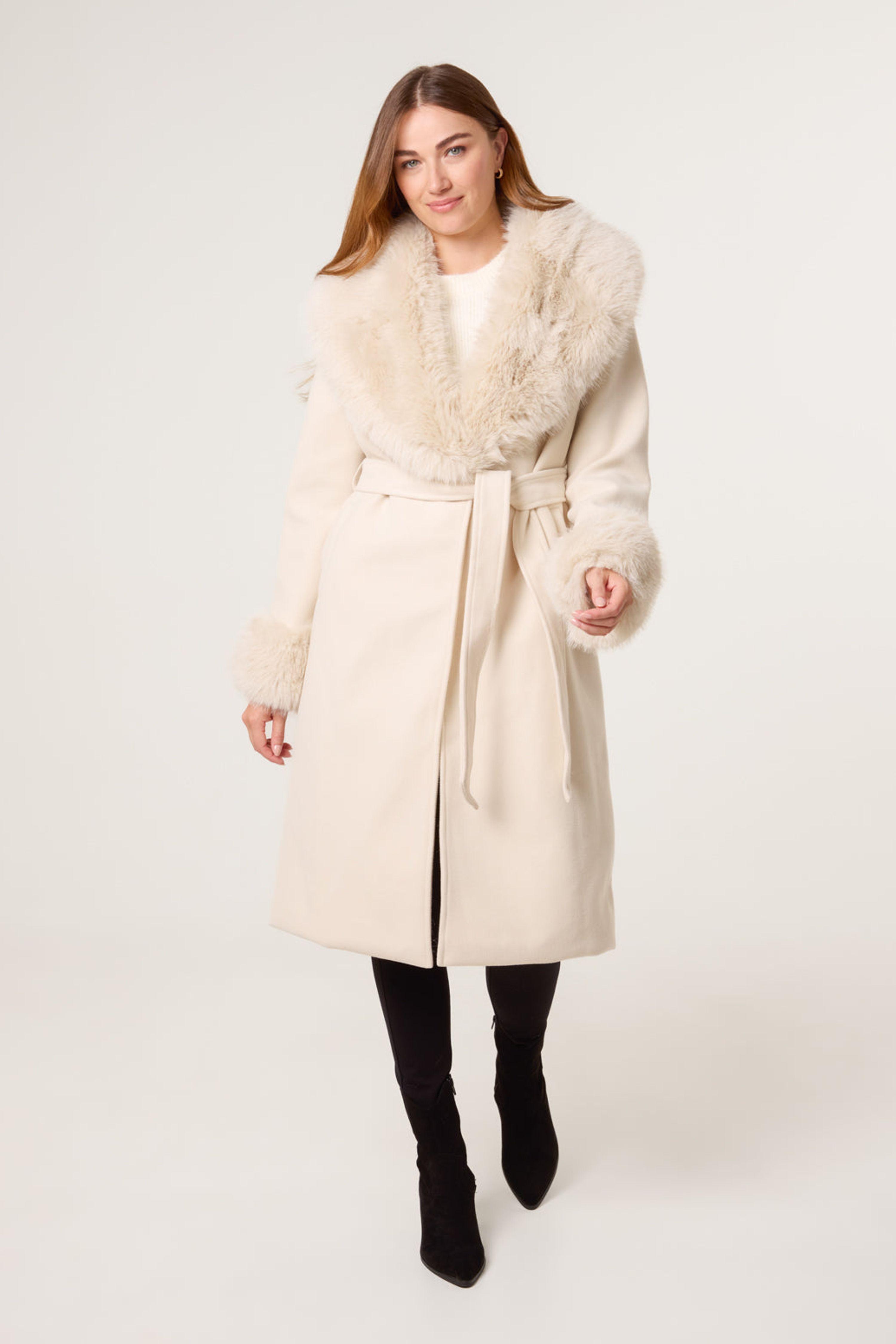Beige Wrap Front Faux Fur Collar & Cuff Coat by BLUE VANILLA
