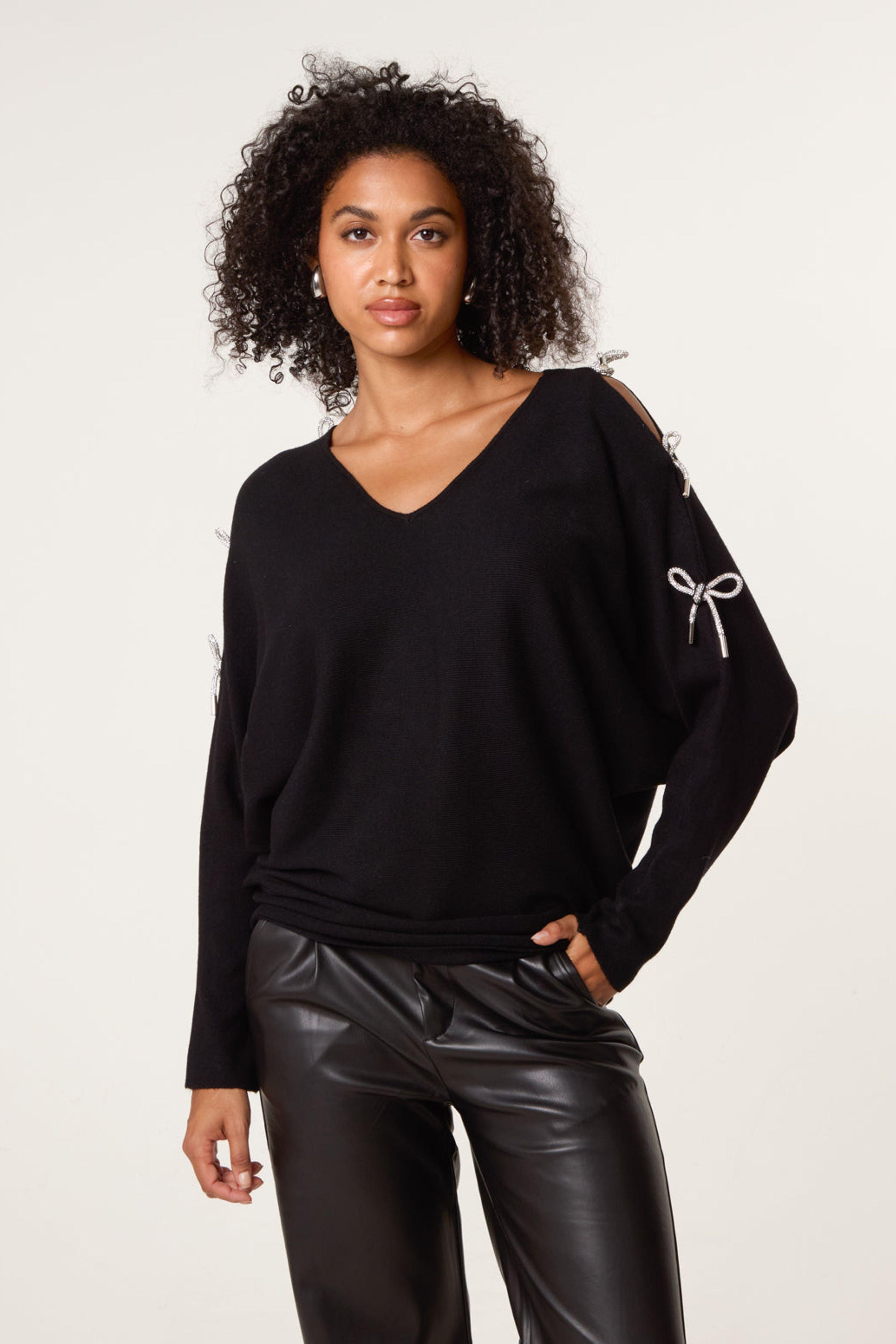 Black Diamante Bow Cut Out Sleeve Jumper by BLUE VANILLA