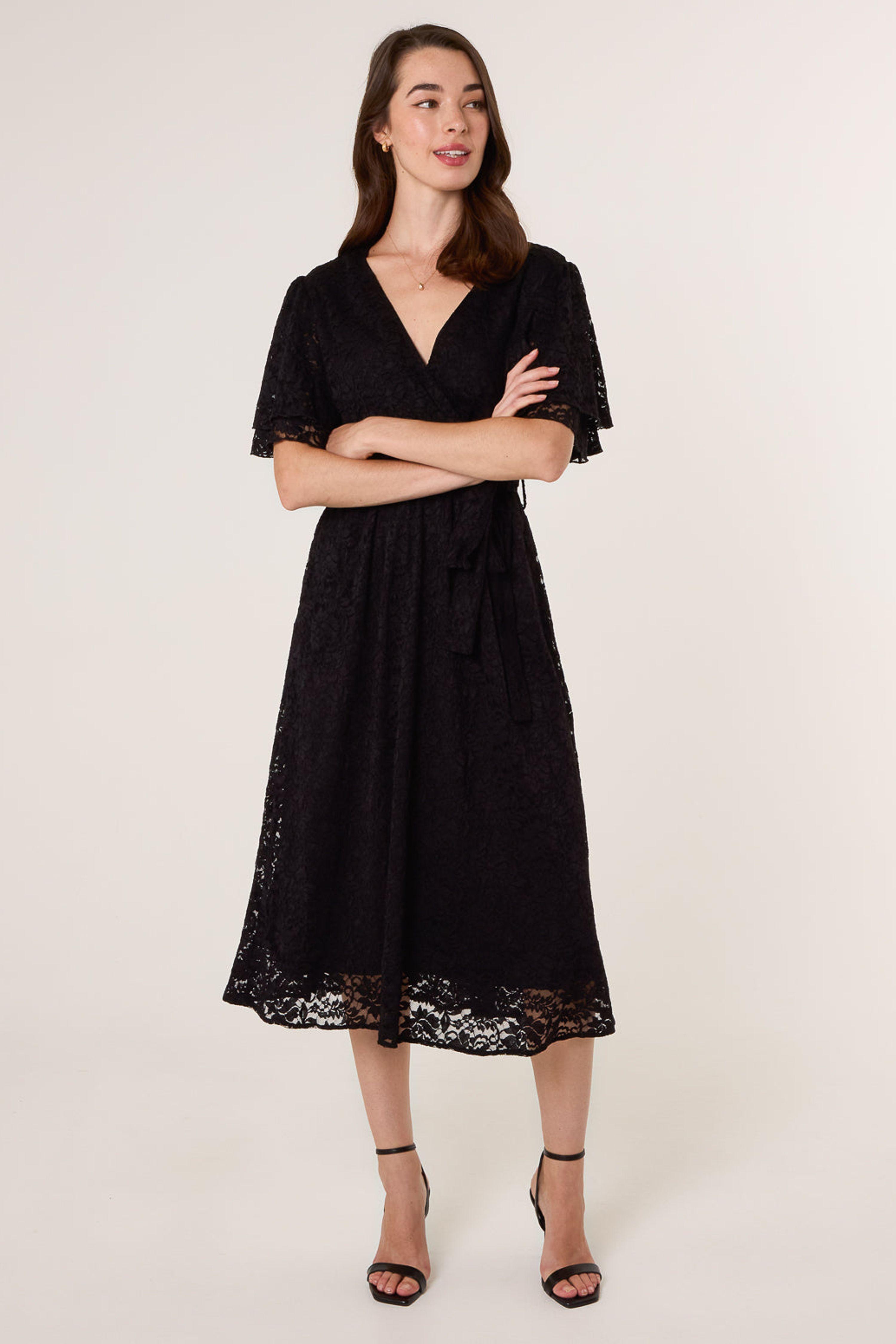 Black Double Angel Sleeve Lace Midi Dress by BLUE VANILLA