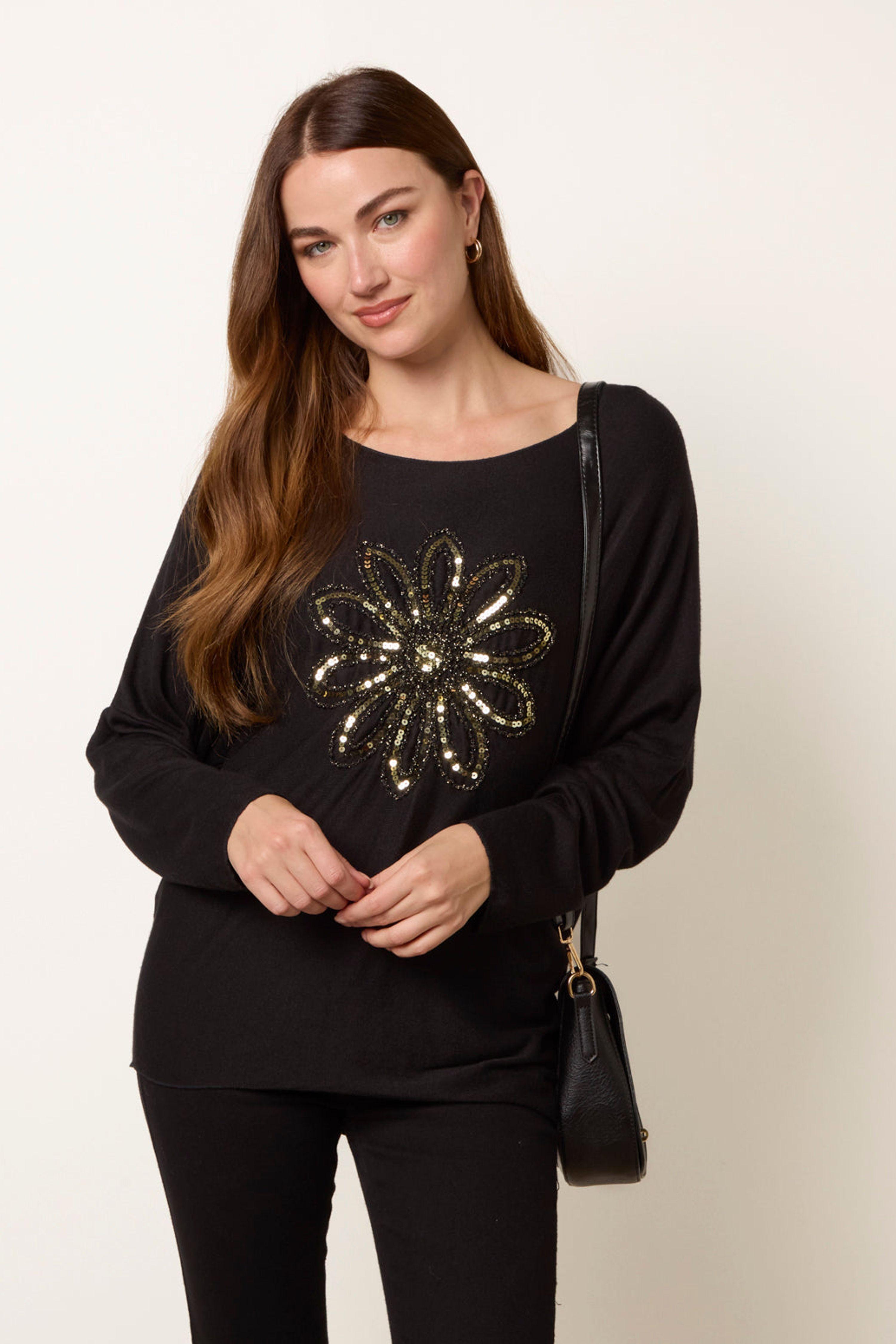 Black Embroidered Sequin Flower Top by BLUE VANILLA