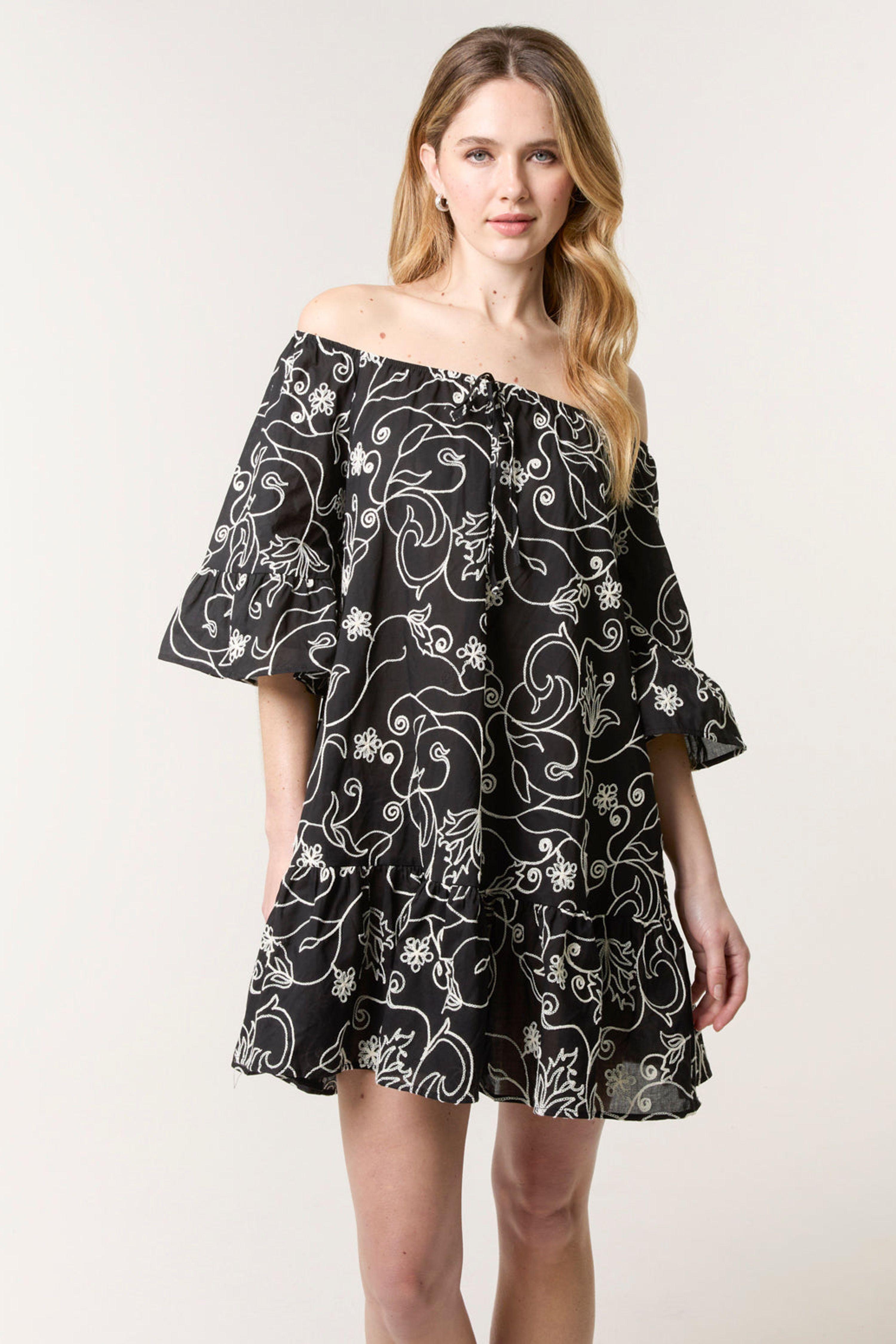 Black Embroidered Smock Dress by BLUE VANILLA