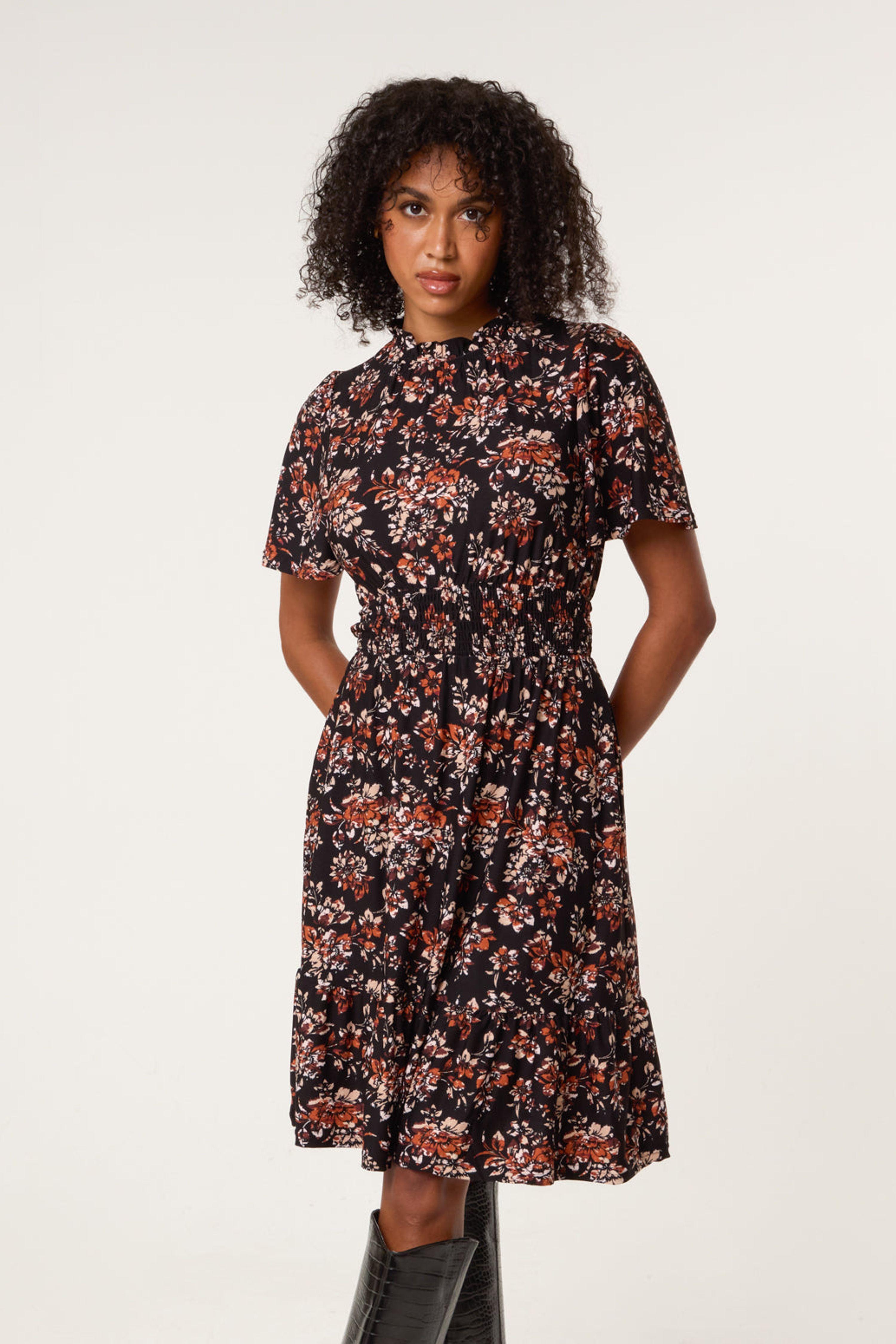 Black Frill Neck Shirred Waist Mini Dress by BLUE VANILLA