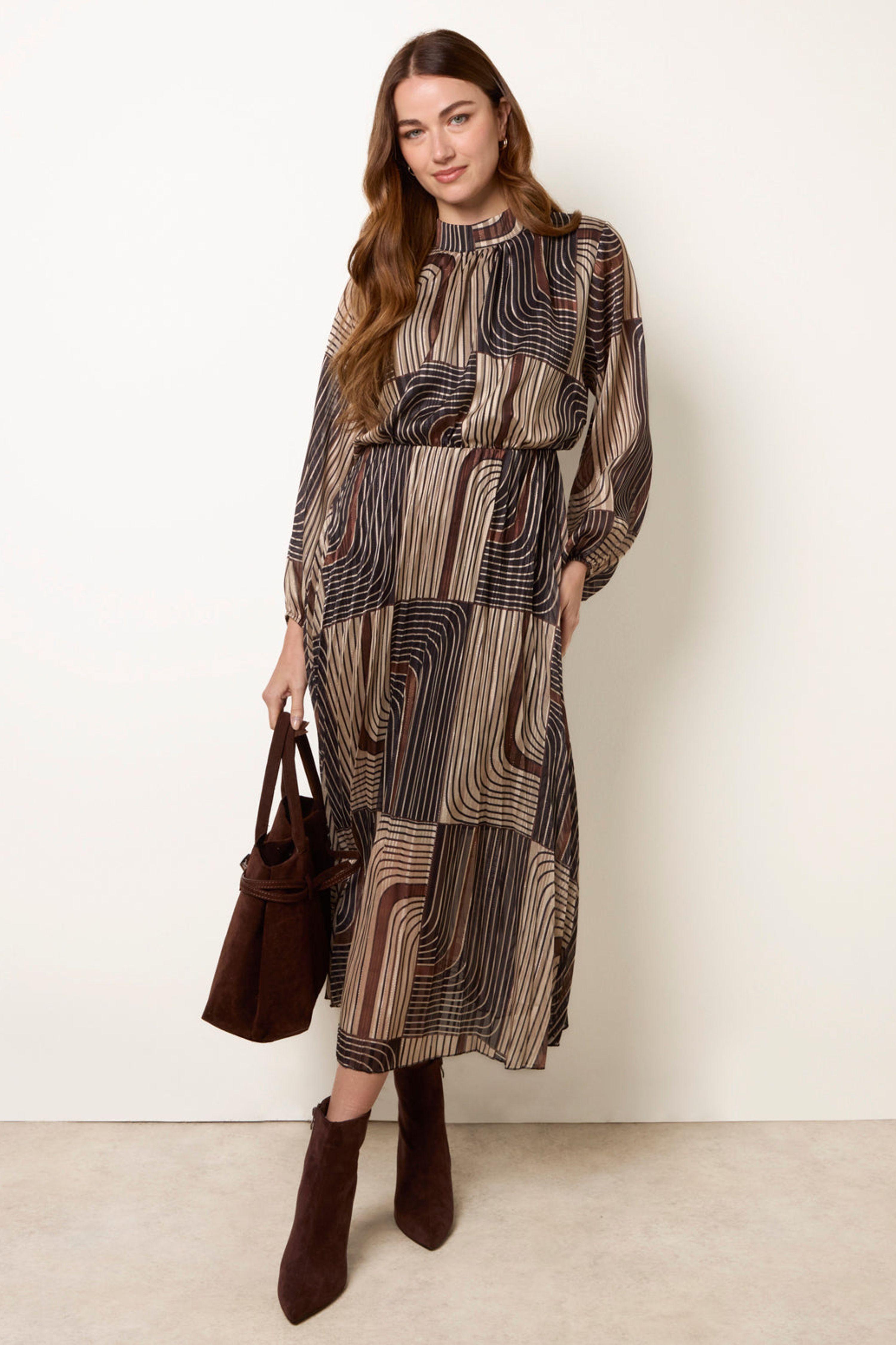 Black Geometric High Neck Pleated Dress by BLUE VANILLA