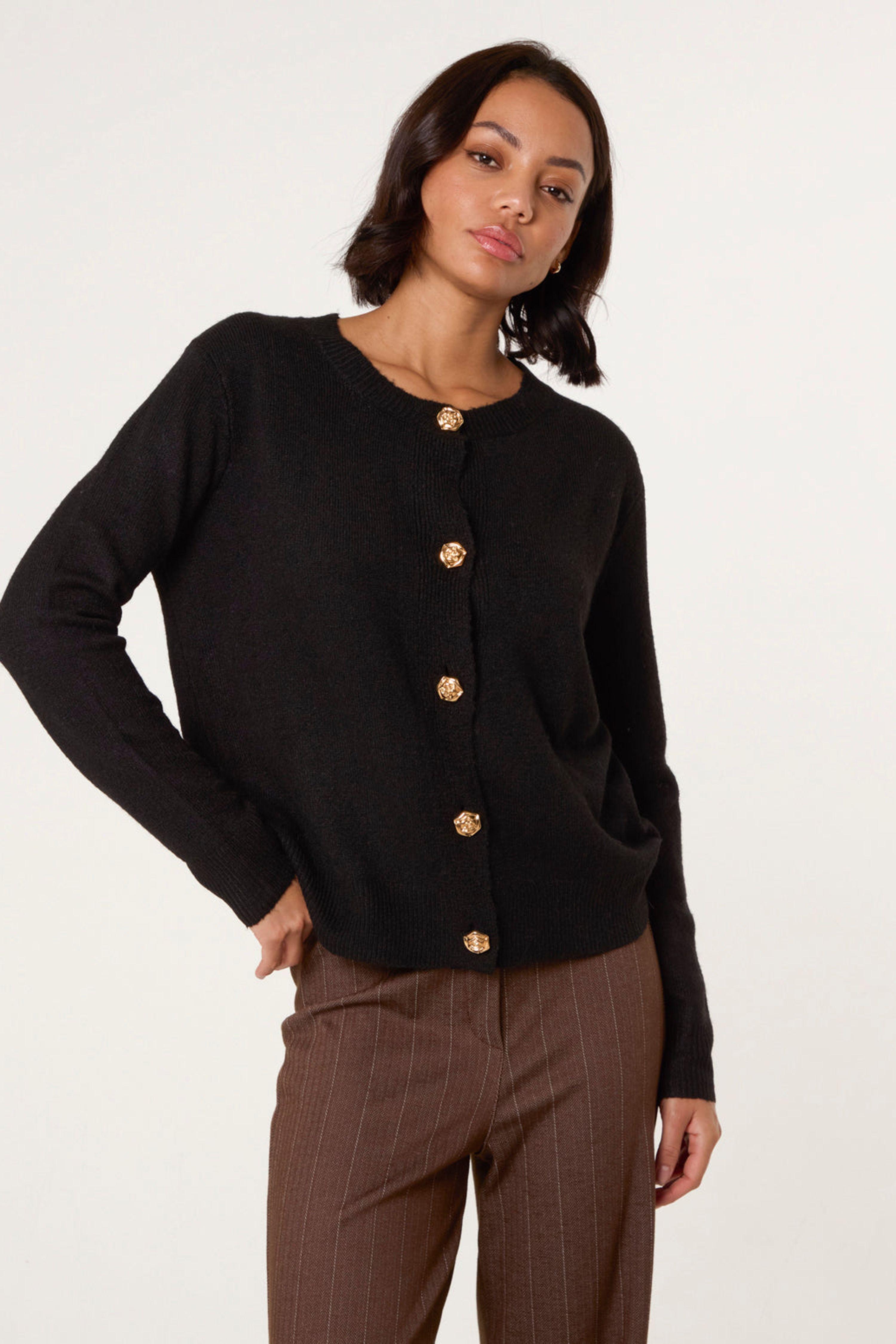 Black Gold Flower Buttons Cardigan by BLUE VANILLA