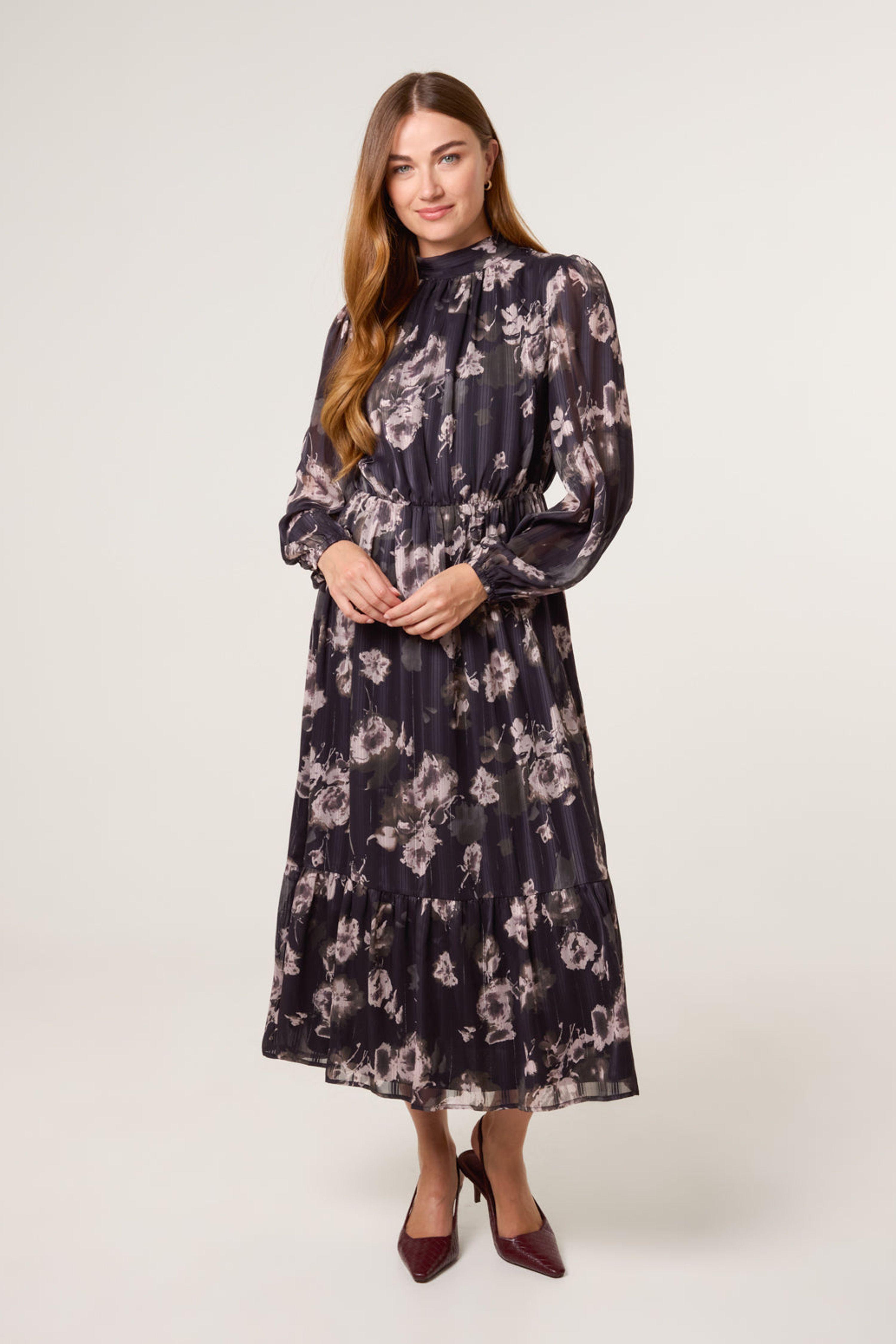 Black High Neck Floral Puffball Pleated Midi Dress by BLUE VANILLA