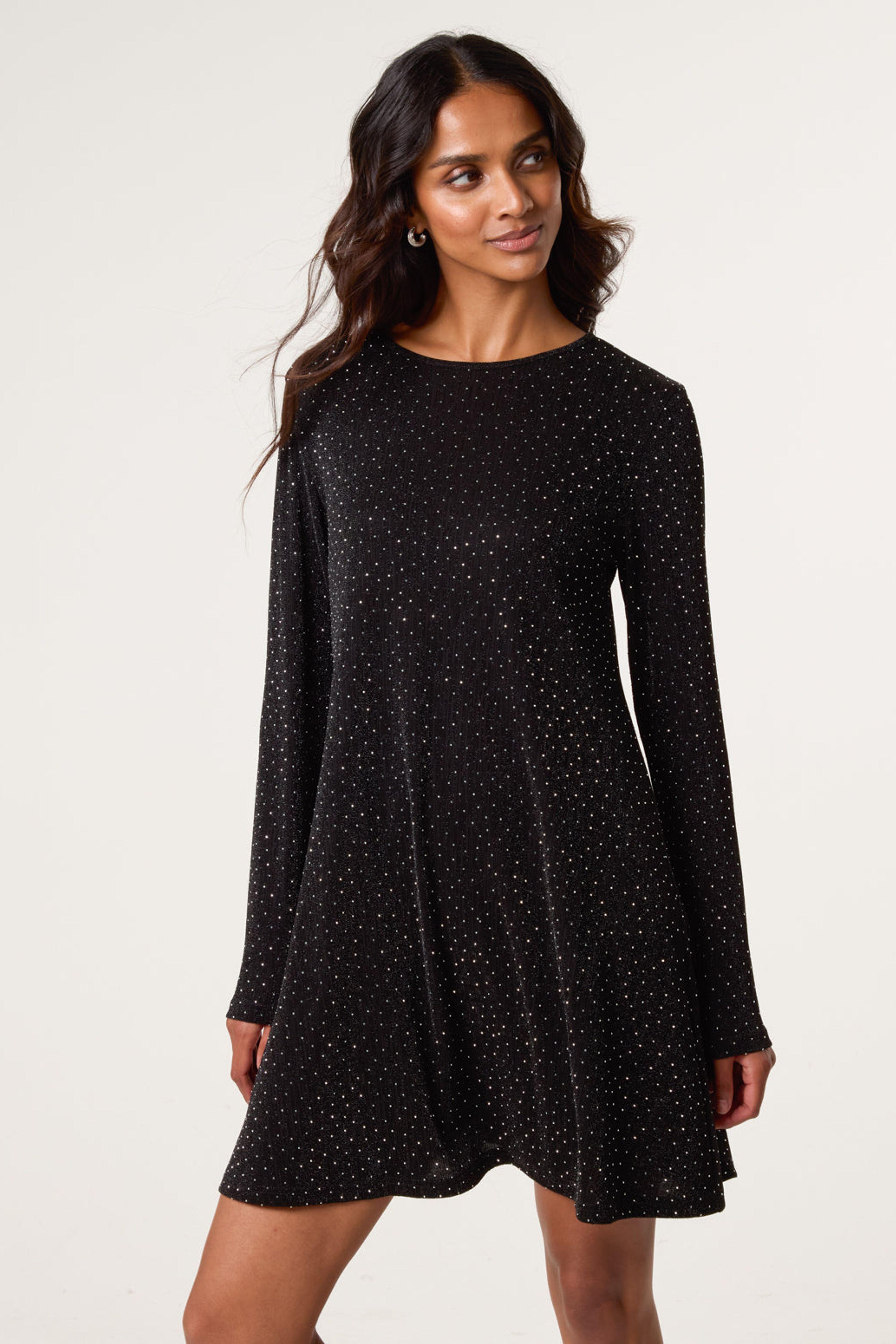 Black Metallic Diamante Swing Dress by BLUE VANILLA