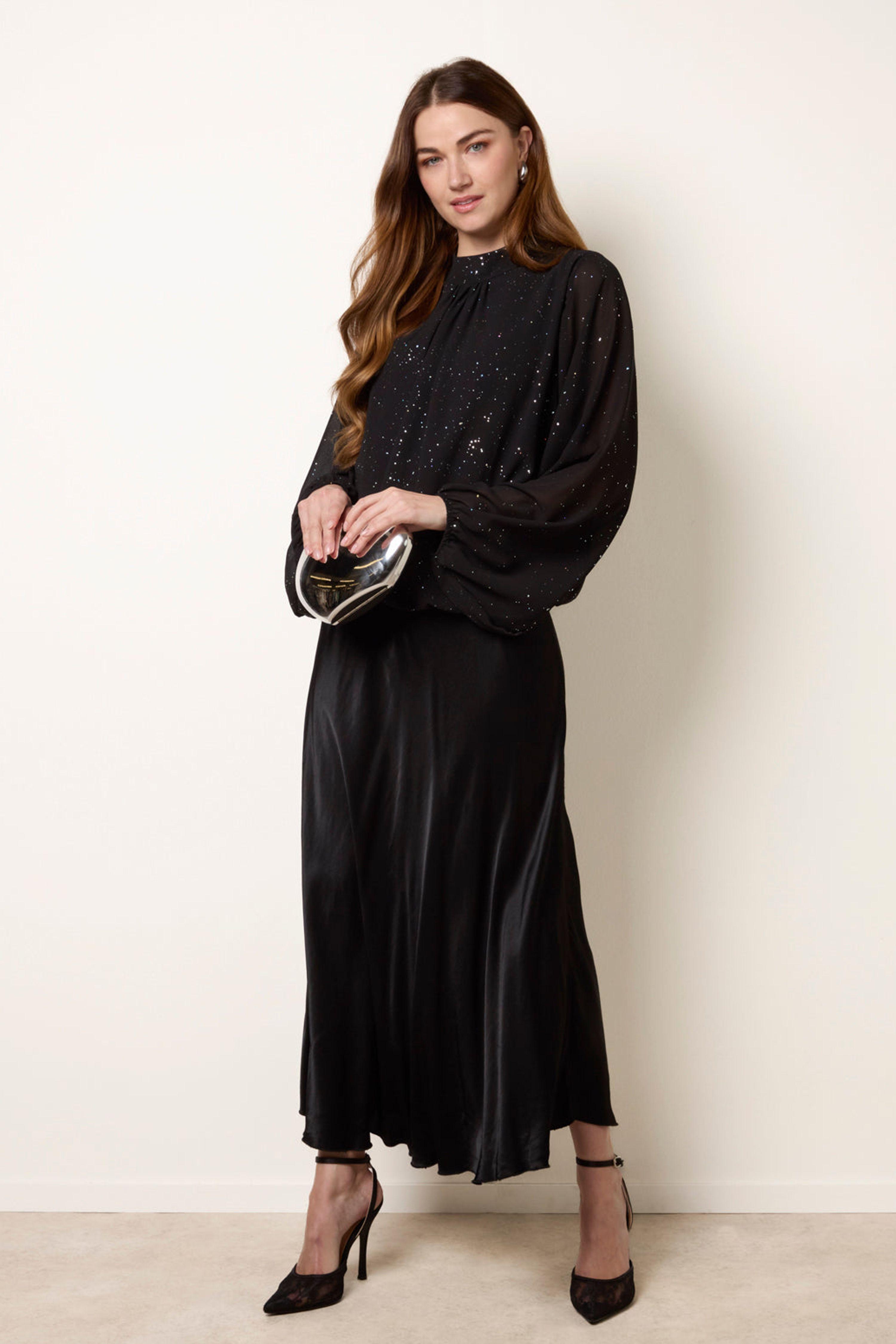 Black Metallic Sparkle Chiffon High Neck Puffball Top by BLUE VANILLA Black Metallic Sparkle Chiffon High Neck Puffball Top by BLUE VANILLA