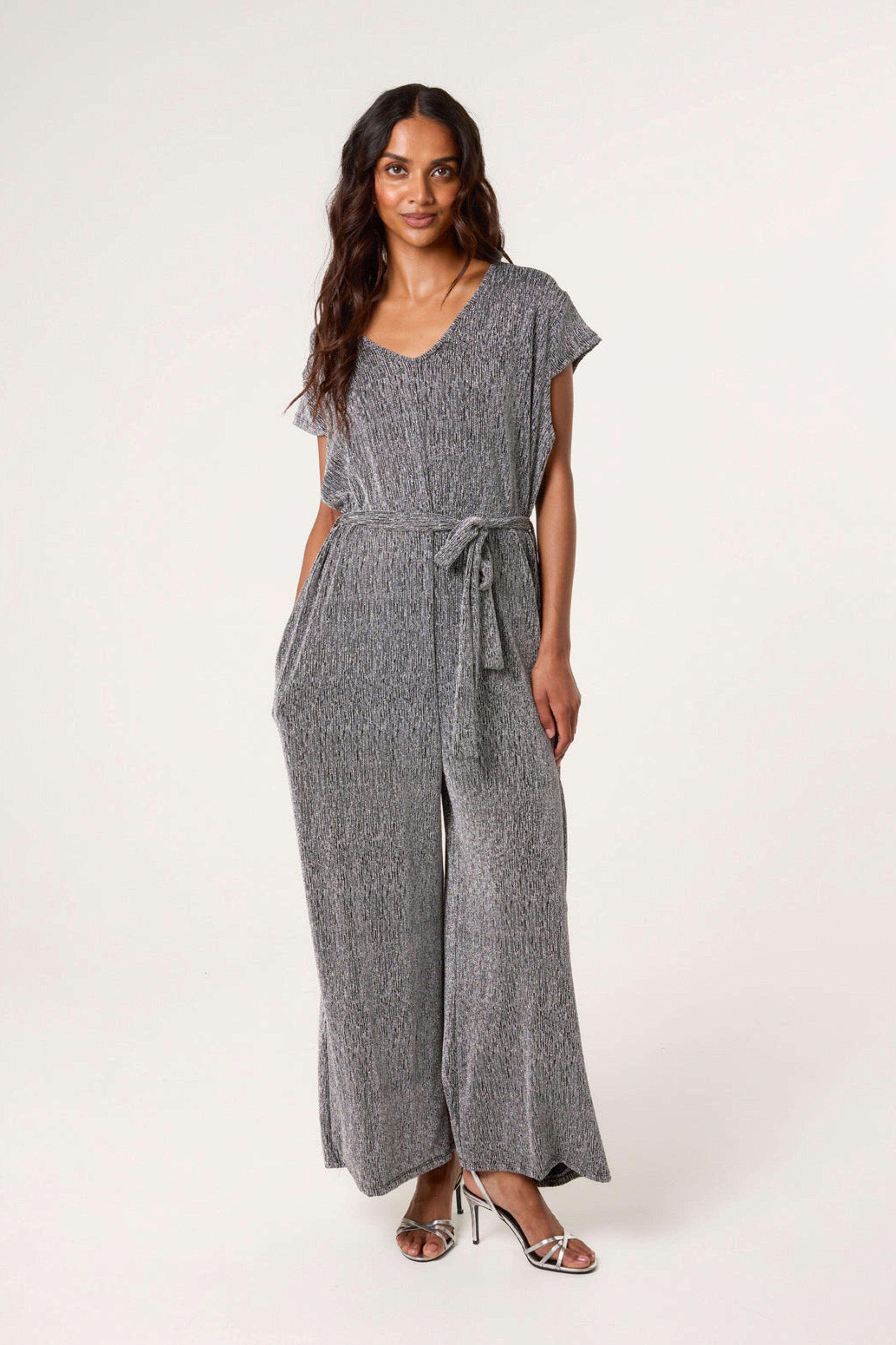 Black Metallic V Neck Jumpsuit by BLUE VANILLA