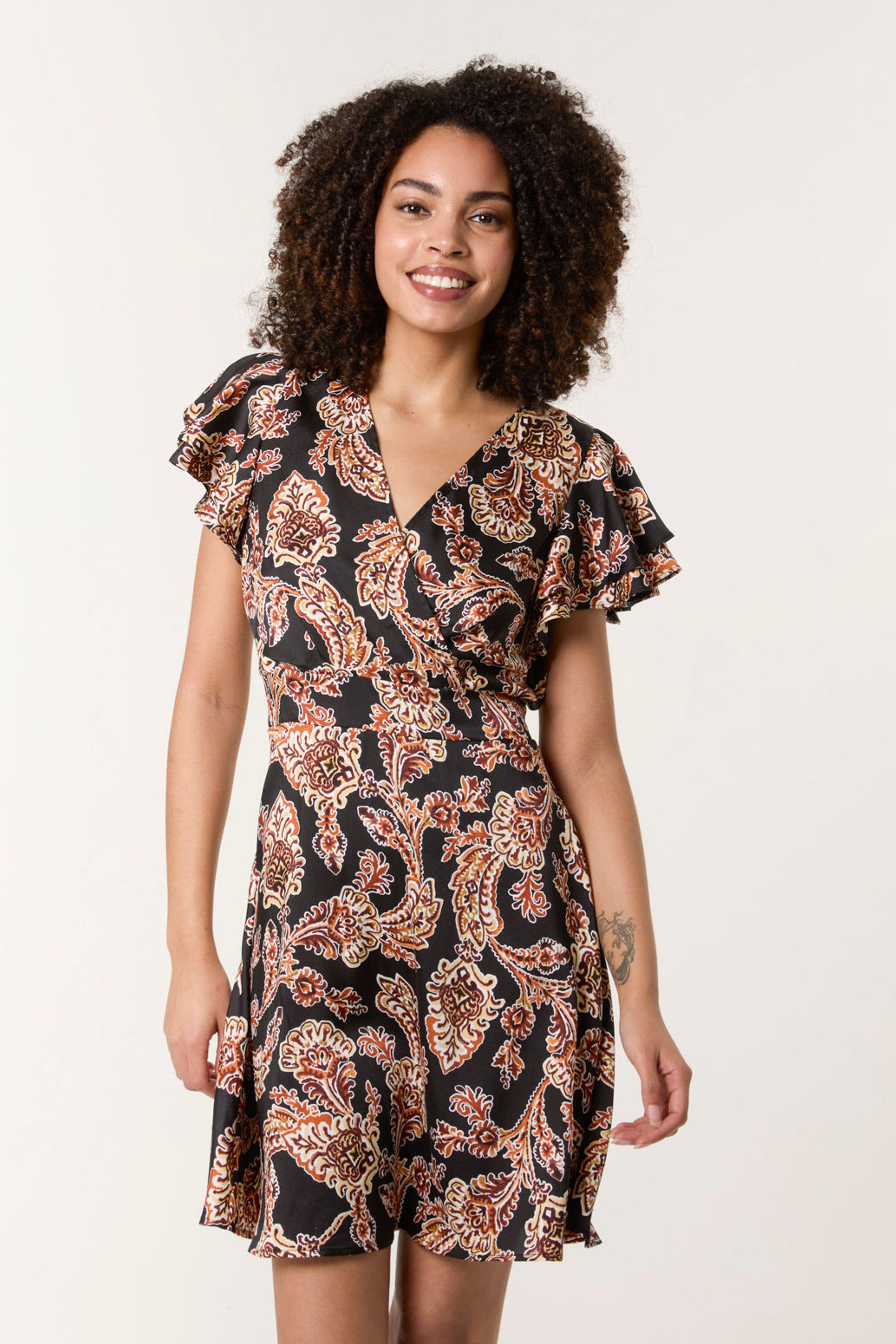 Black Paisley Frill Sleeve Mini Dress by BLUE VANILLA