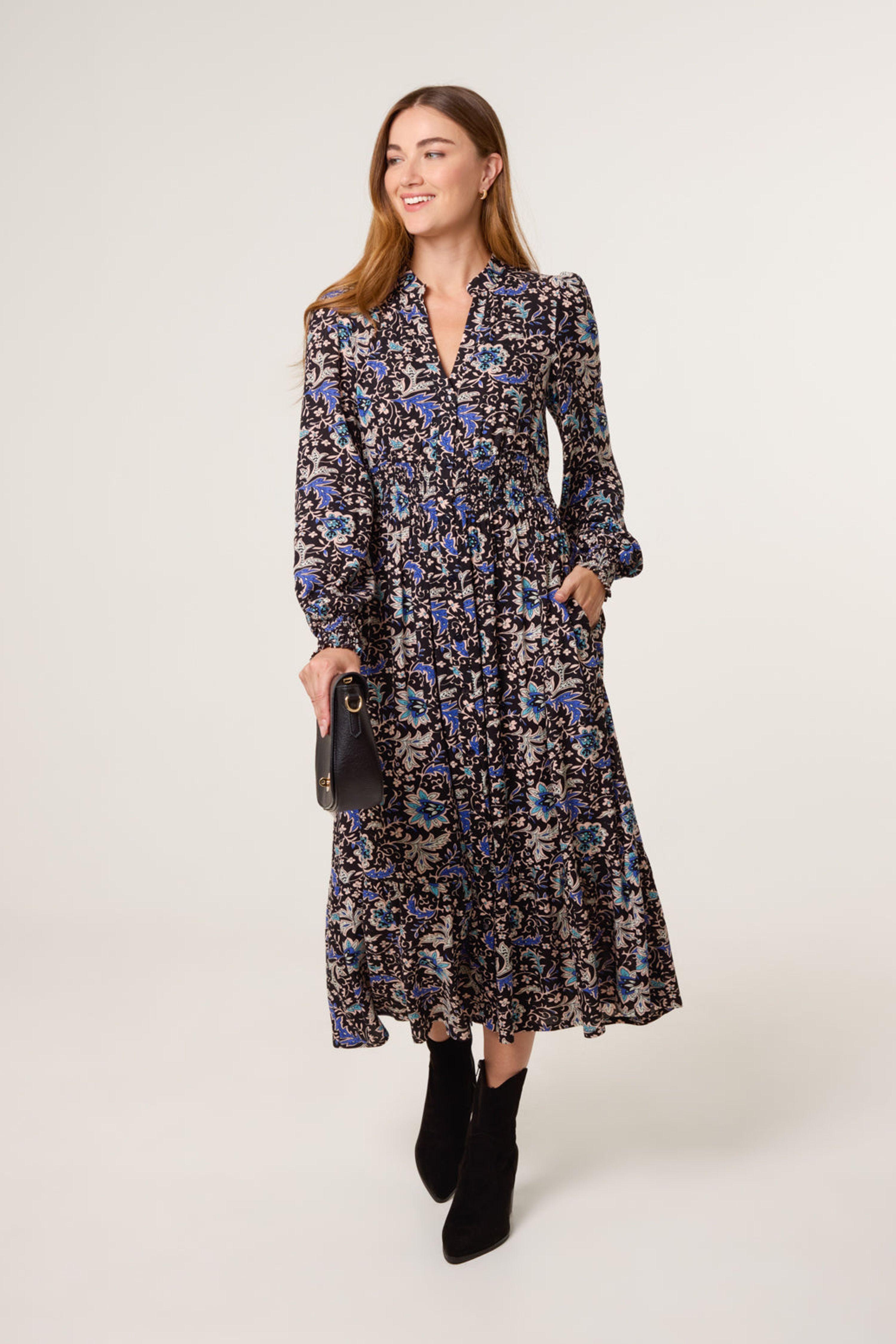 Black Paisley Shirred Waist Shirt Dress by BLUE VANILLA