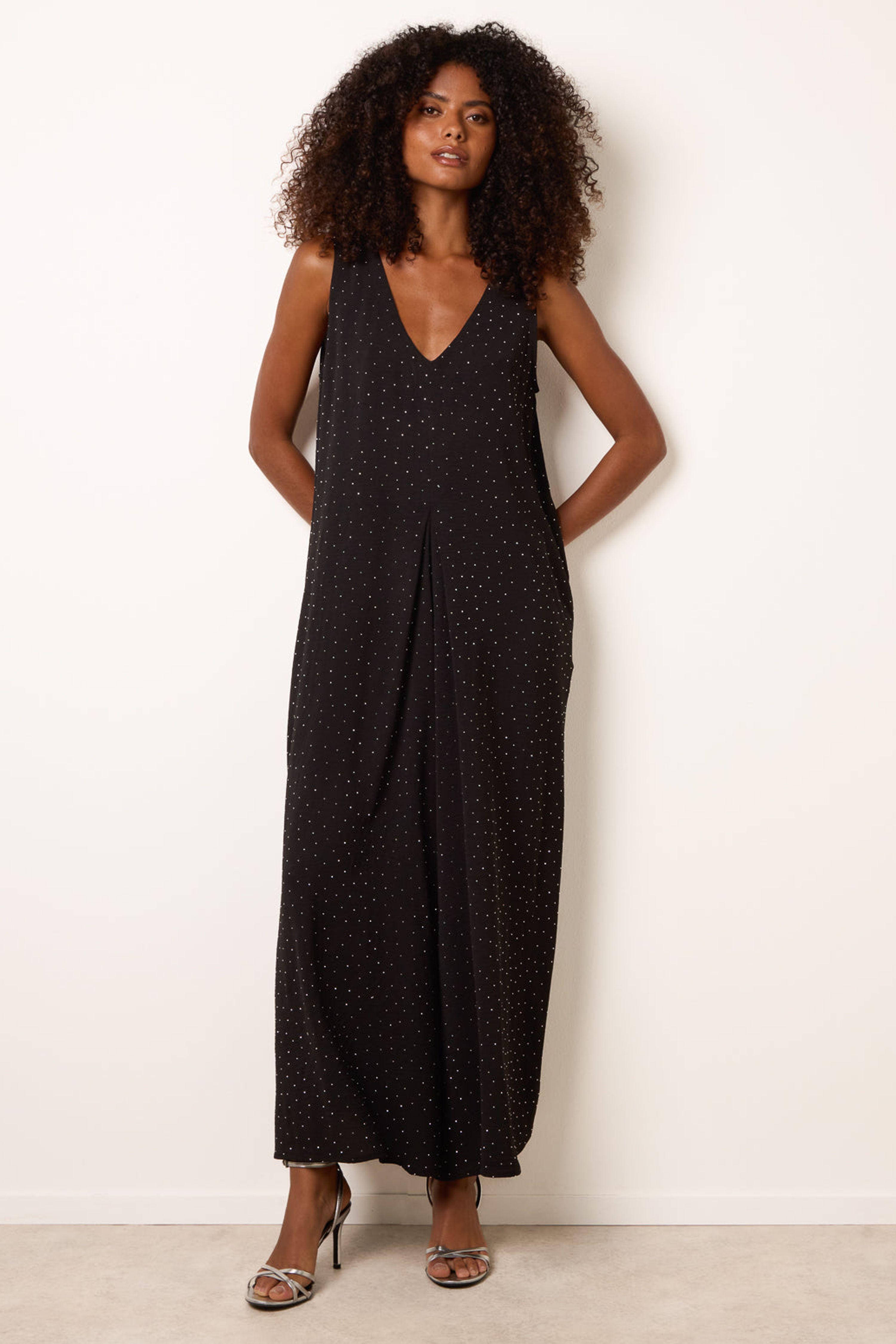 Black Pleat Front Diamante Jumpsuit by BLUE VANILLA