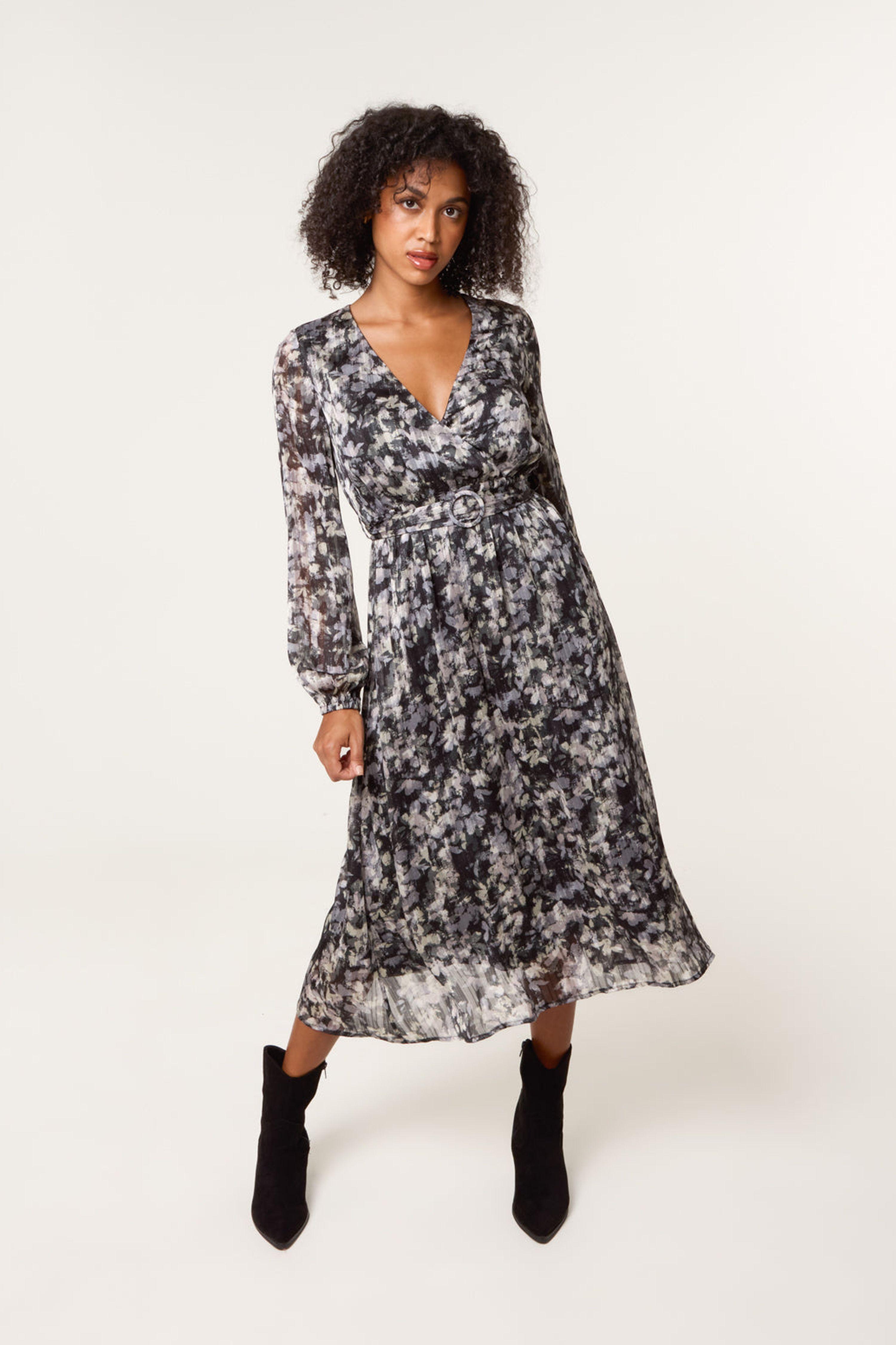 Black Printed Lurex Buckle Belted Midi Dress by BLUE VANILLA