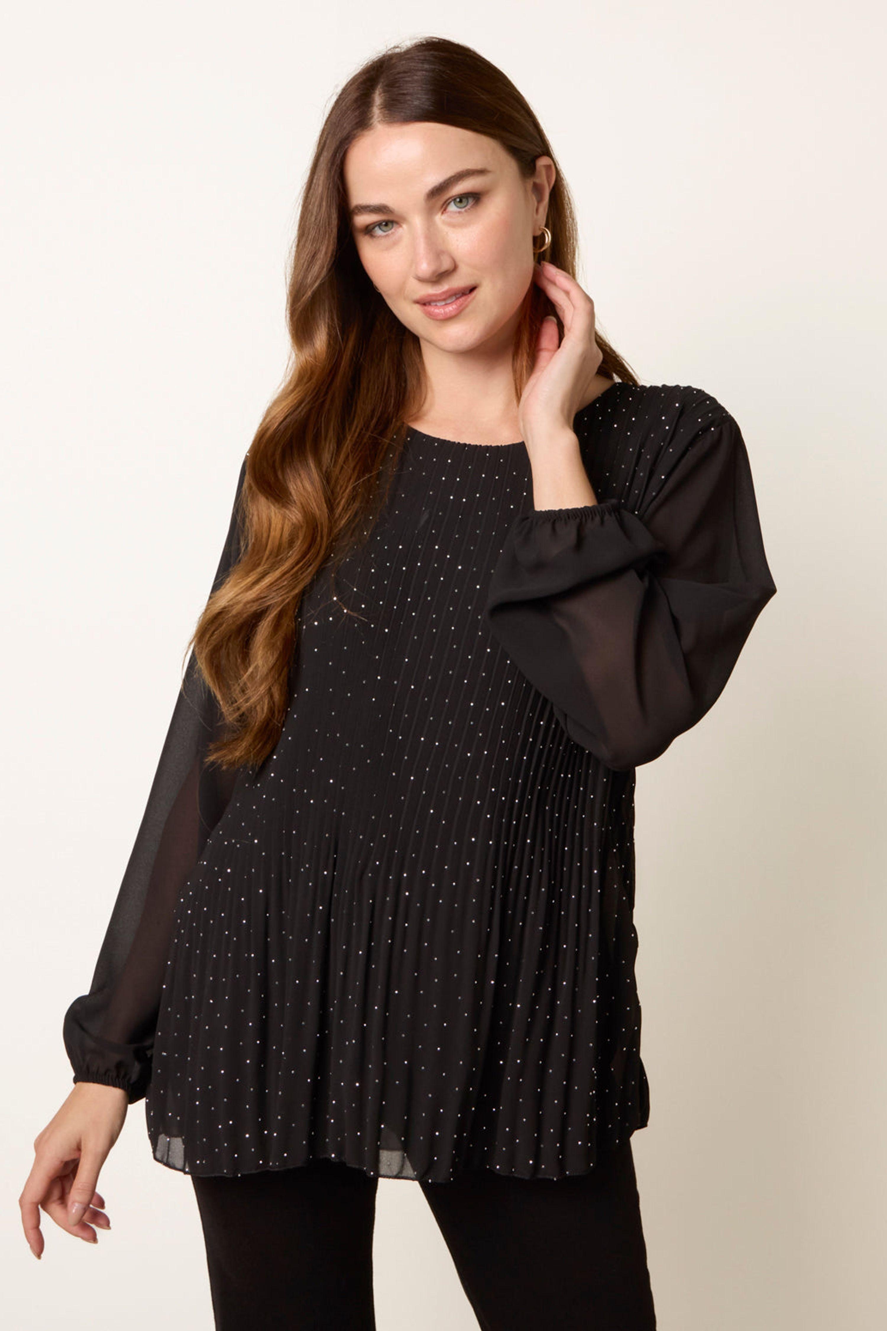 Black Rhinestone Pleated Chiffon Top by BLUE VANILLA