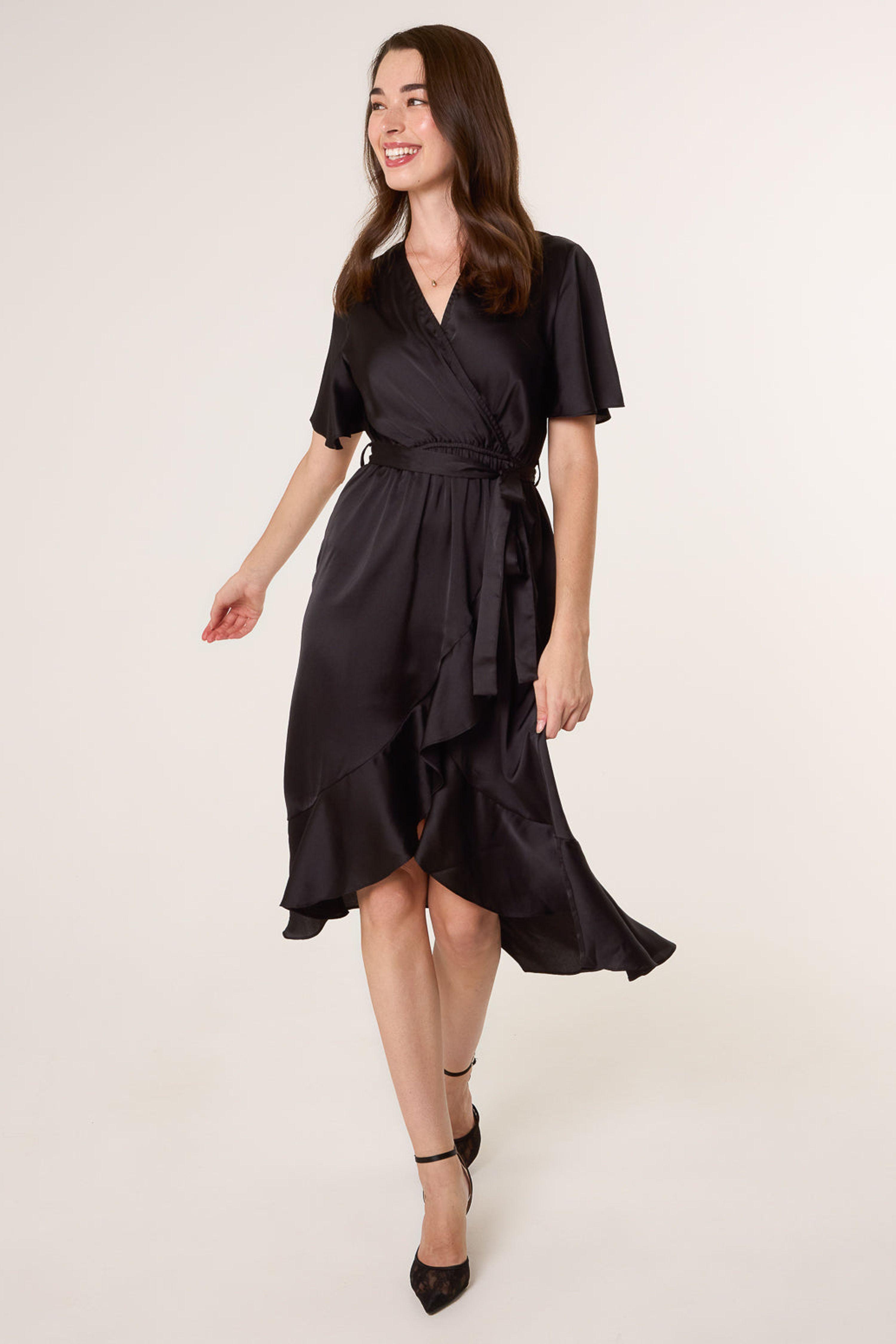 Black Satin Wrap Frill High To Low Midi Dress by BLUE VANILLA